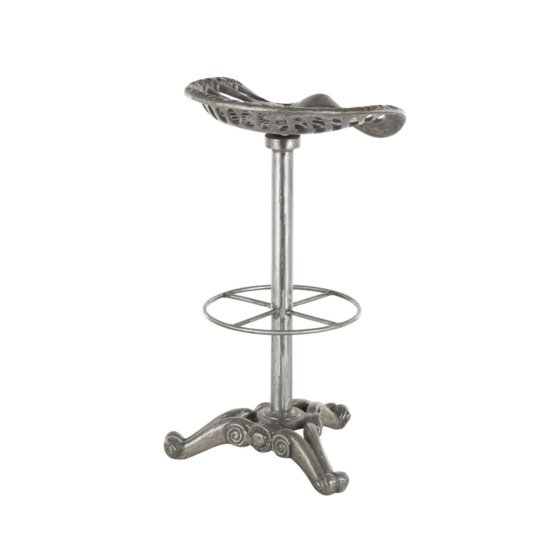 Scroll Gray Metal Weathered Antique Cast Iron Kitchen Bar Stool with Cutout Textured Seat and Footrest