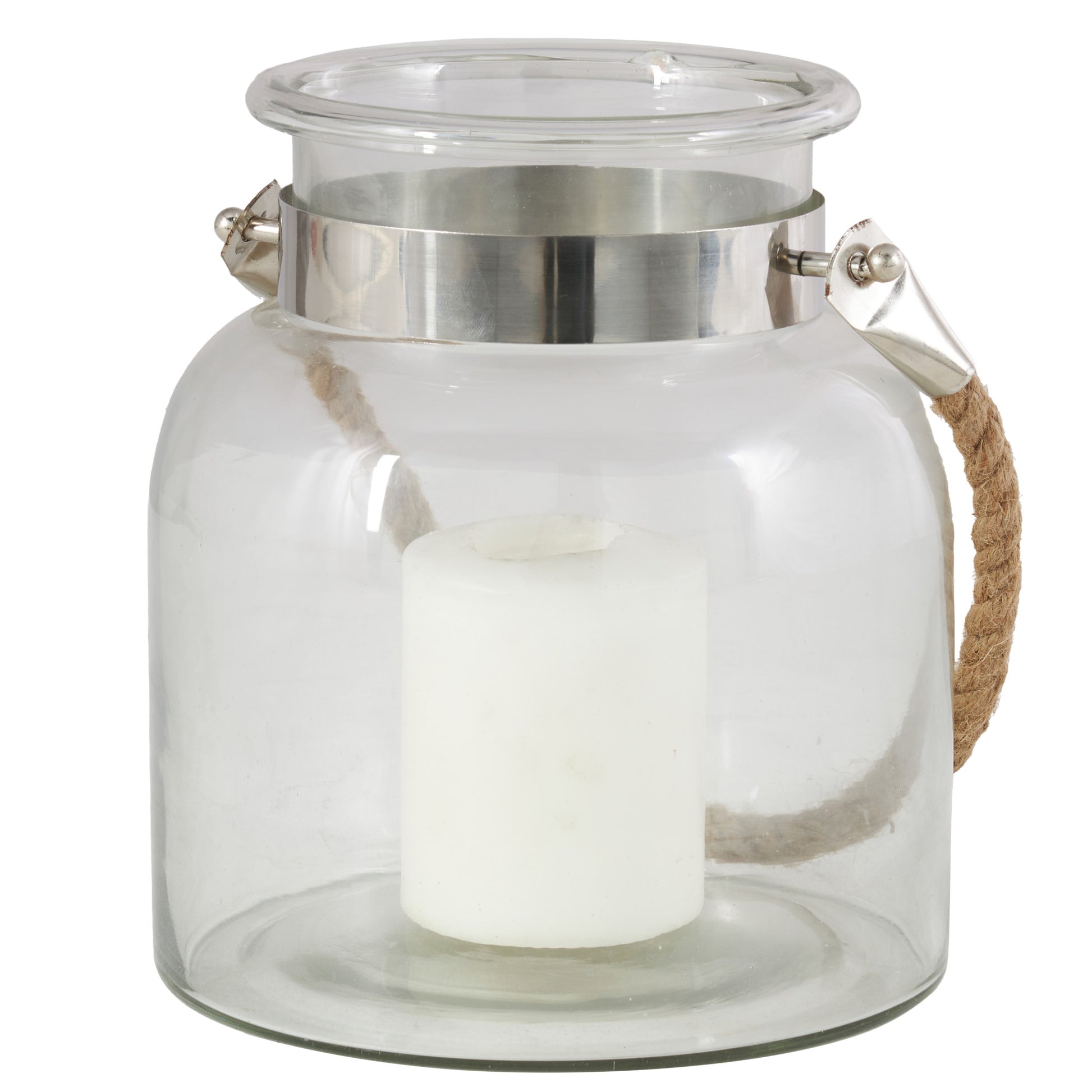 Clear Glass Handmade Decorative Indoor Outdoor Candle Lantern with Rope Handle