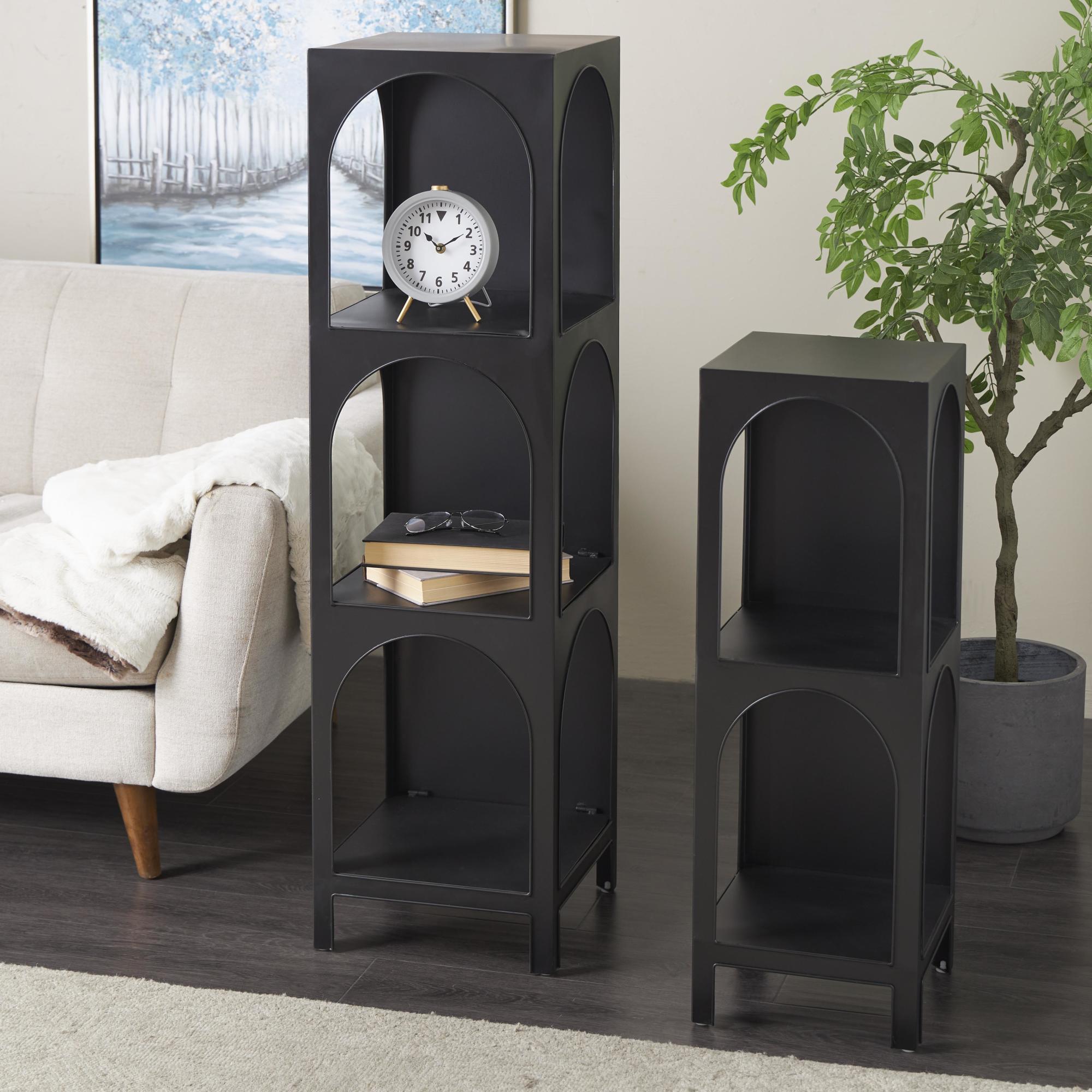 Set of 2 Black Metal 2 and 3 Shelf Storage Shelving Unit with Arched Openings