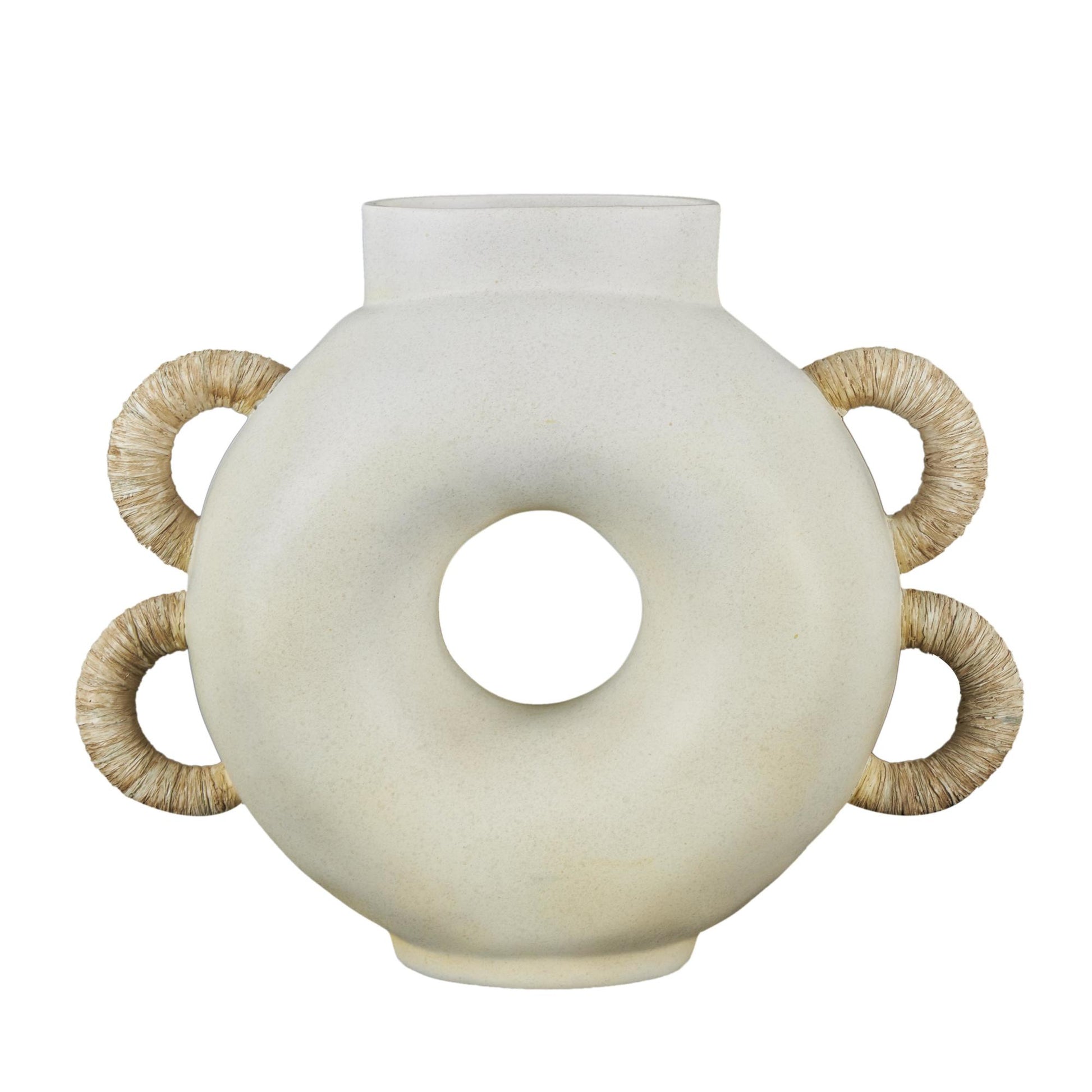 Geometric Cream Resin Round Speckled Decorative Vase with Woven Inspired Arched Handles and Cutout Opening