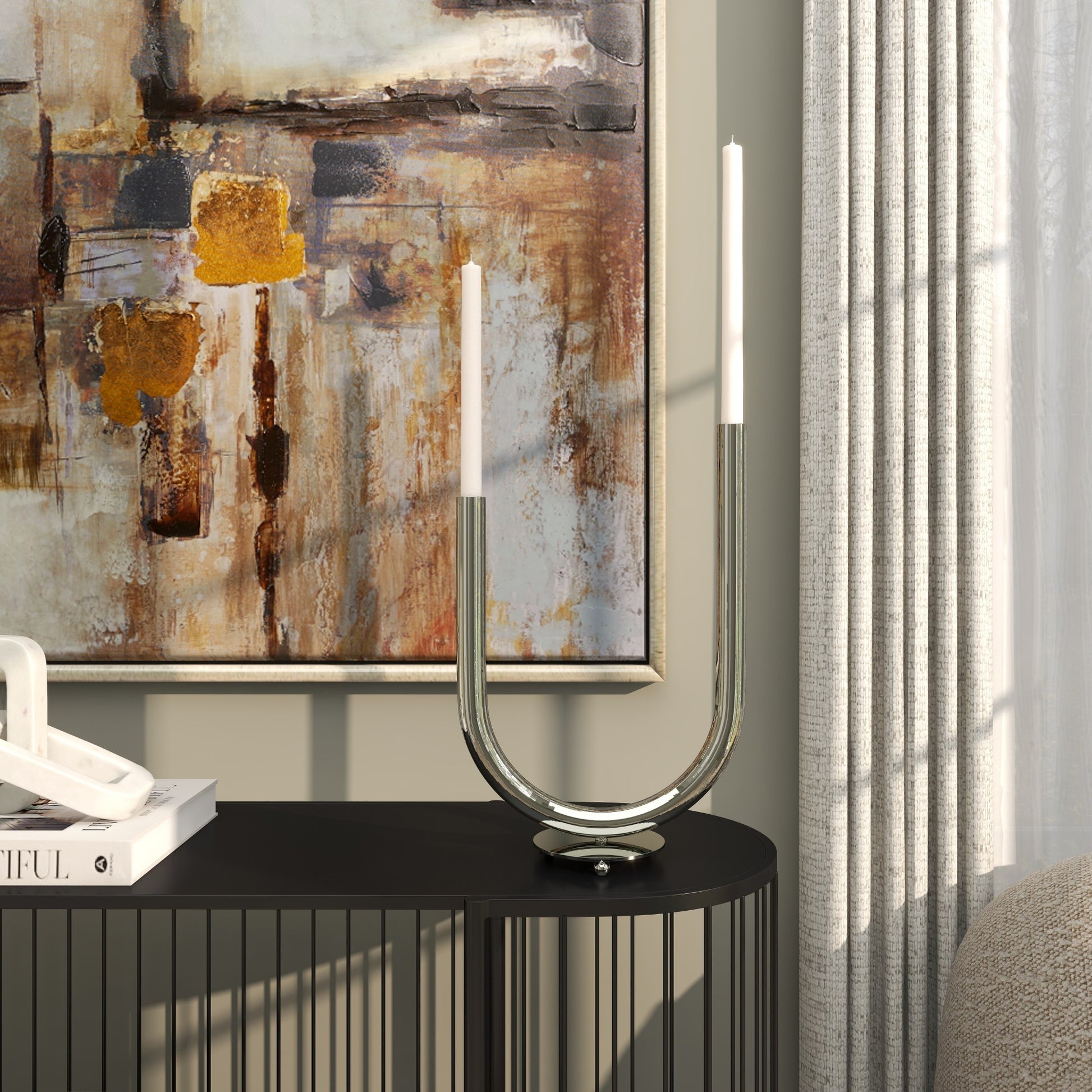 Silver Stainless Steel Metal Abstract U-Shaped Decorative Candelabra