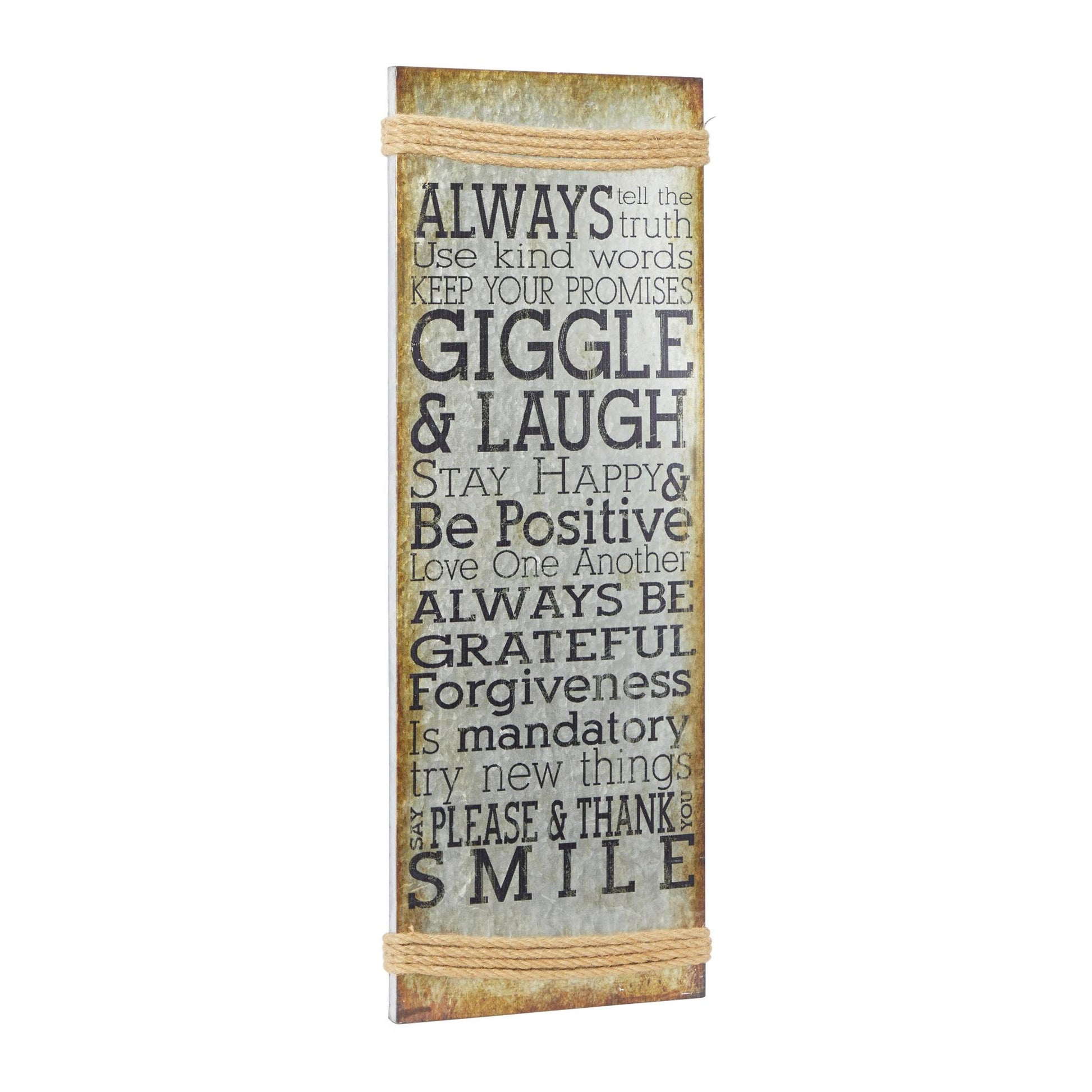 Sign Gray Metal Motivational Home Wall Decor with Rope Accent