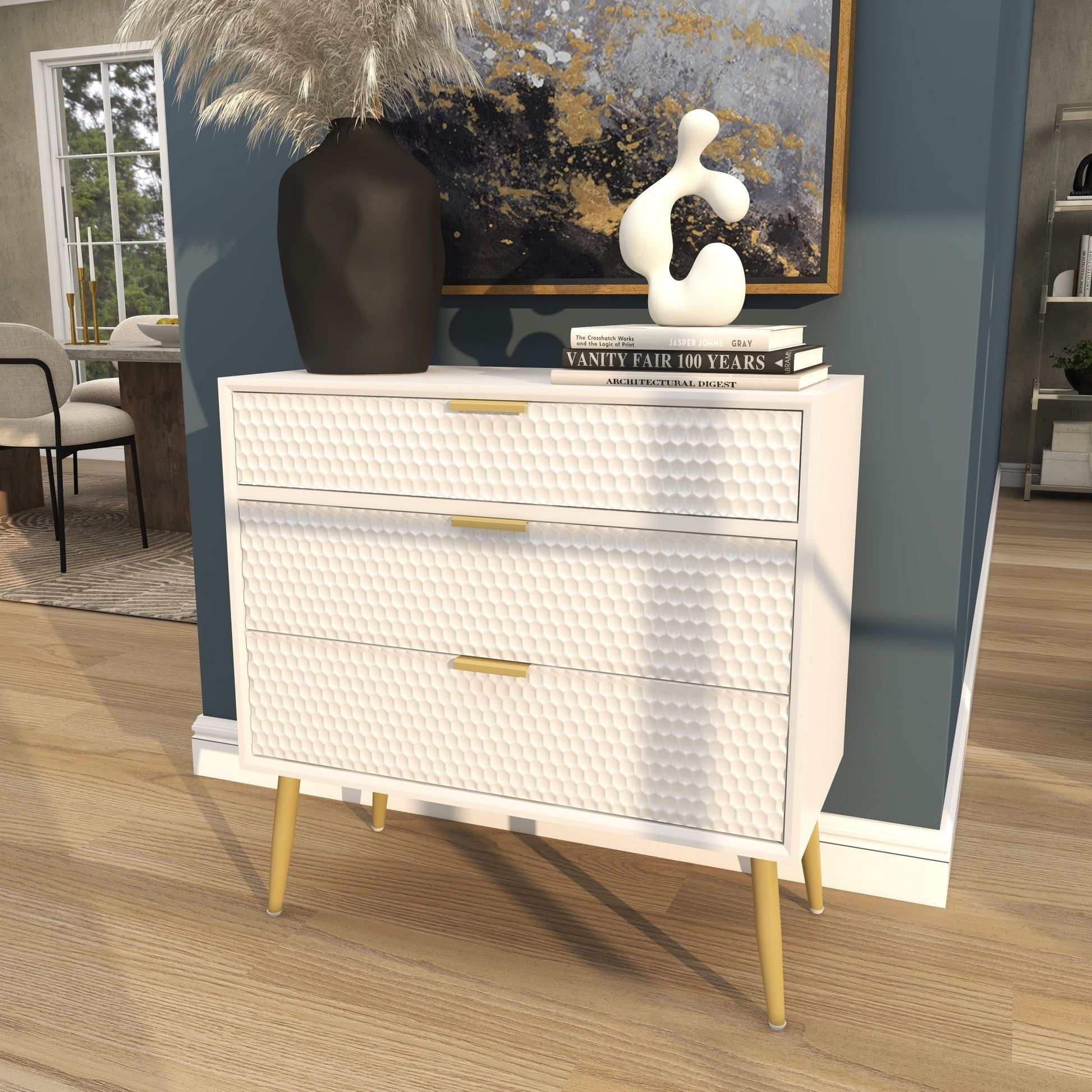 Geometric White Wooden 3 Drawer Room Chest with Gold Legs