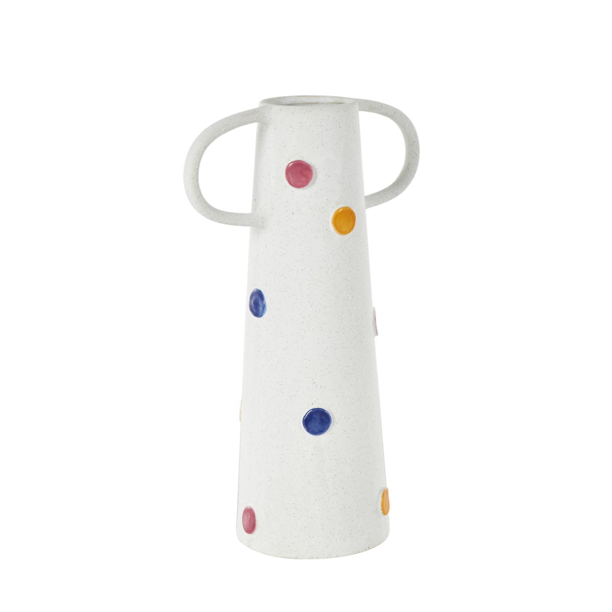 White Ceramic Slim Cone Decorative Vase with Multicolor Spots and Handles