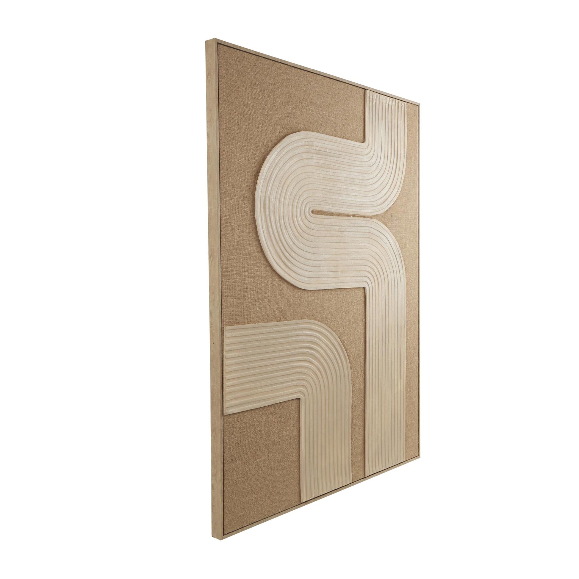 Abstract Brown Canvas Textured Living Room Framed Wall Art with Tan Ribbed Curve Shapes