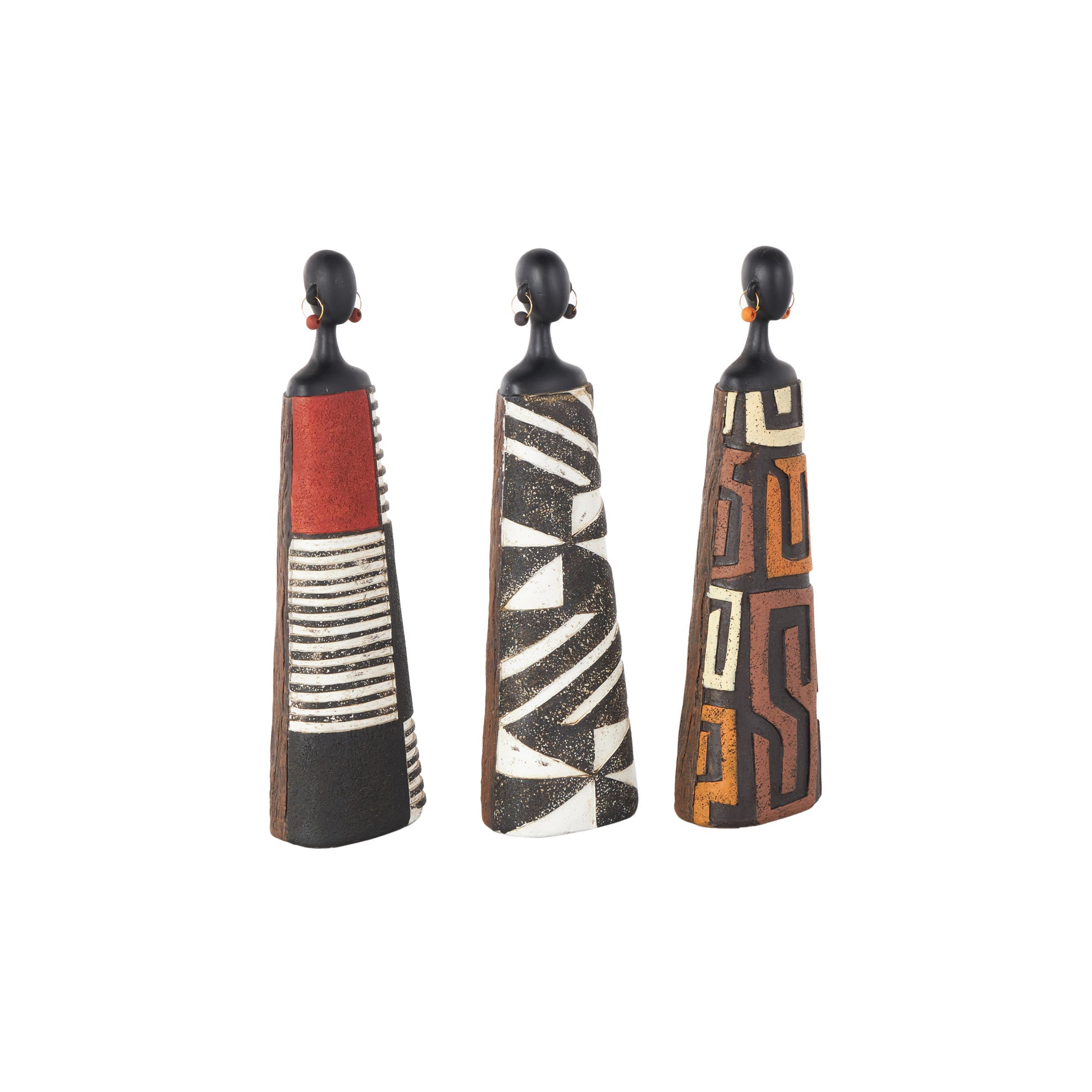 Set of 3 Woman Black Resin African Decorative Sculpture with Red, Orange, and White Dresswear