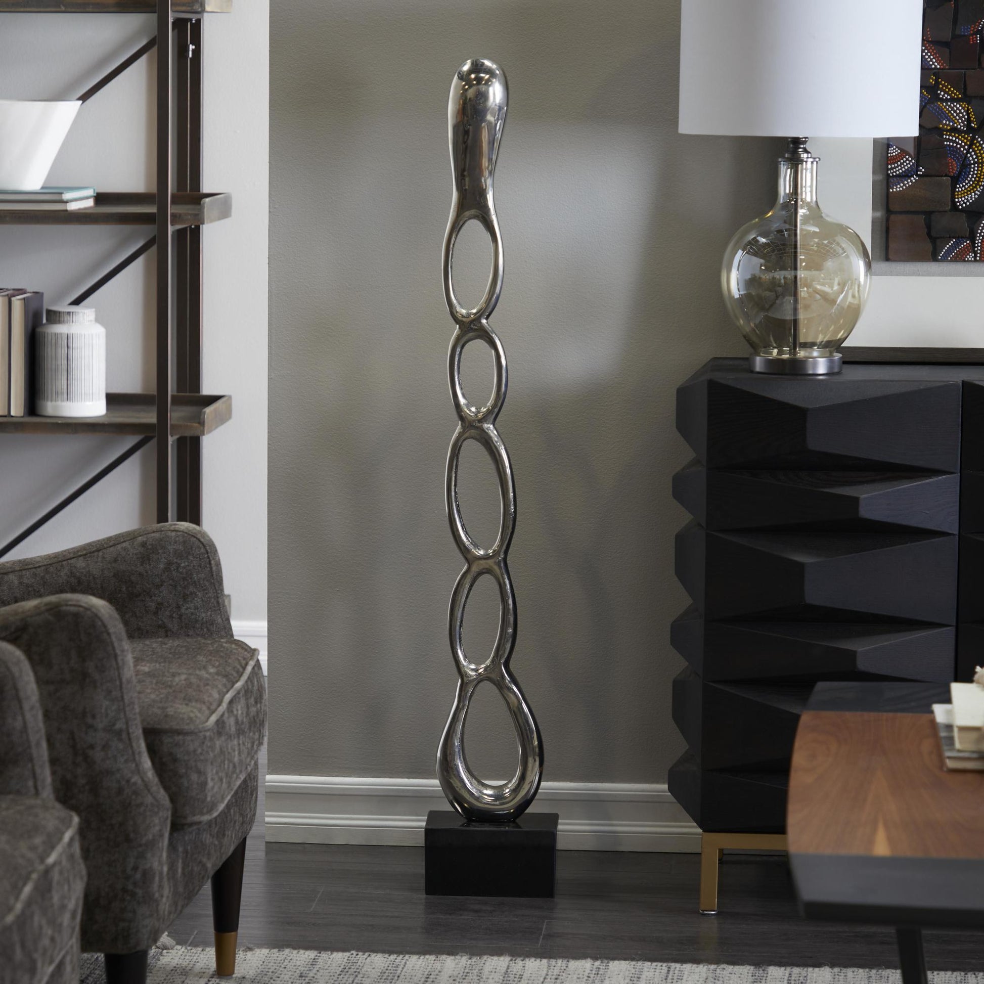 Abstract Aluminum Metal Tall Linked Floor Decorative Sculpture with Black Base