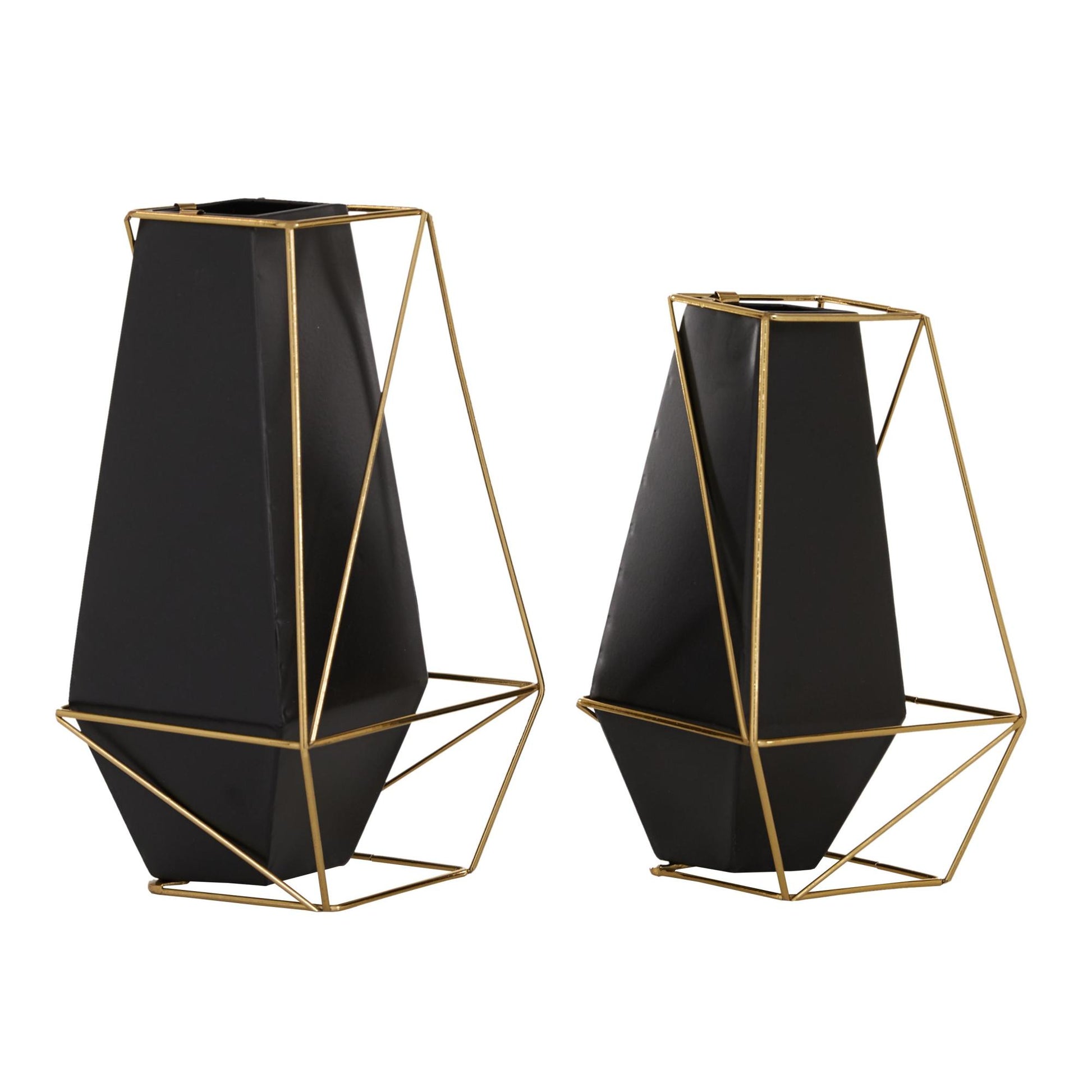Set of 2 Geometric Black Metal Decorative Vase with Gold Wire Accents