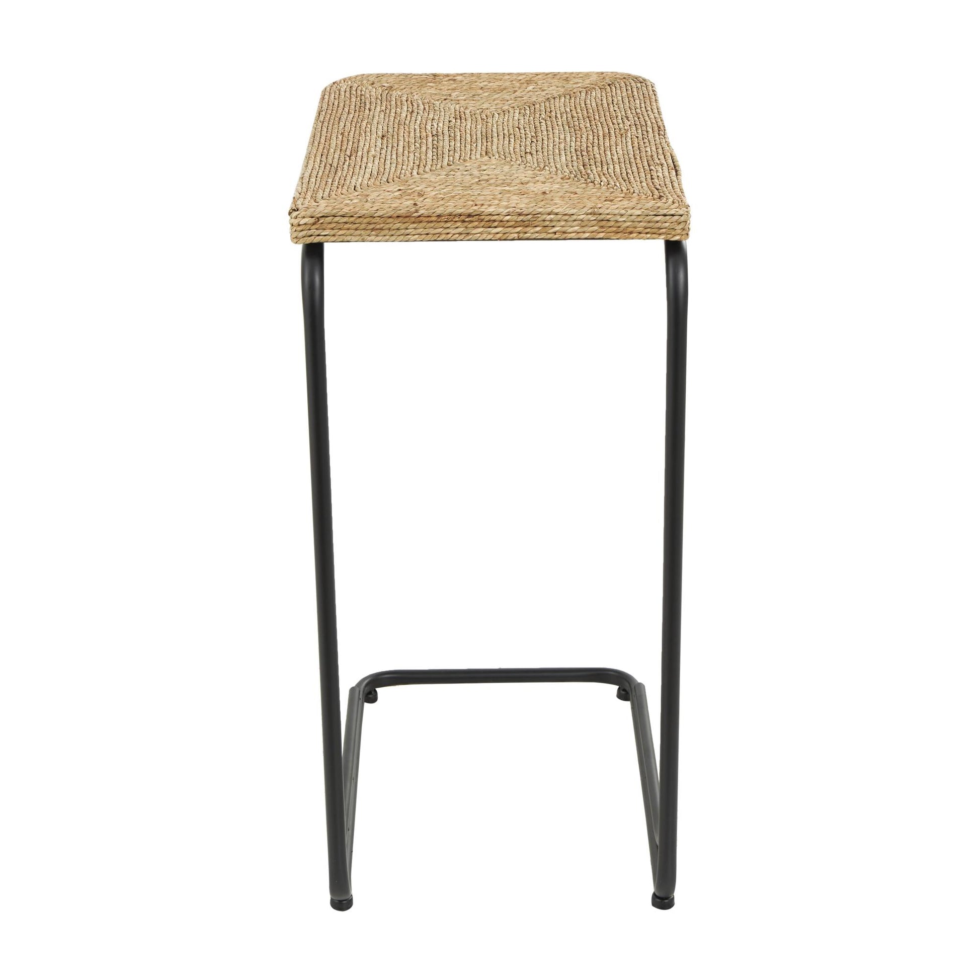 Brown Dried Plant Handmade Coiled C-Shaped Side End Accent Table with Black Metal Legs