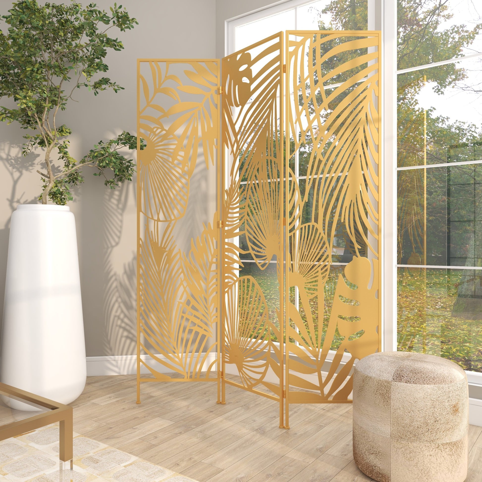 Leaf Gold Metal Foldable Partition Cutout Palm Leaf 3 Panel Partition Room Divider Screen