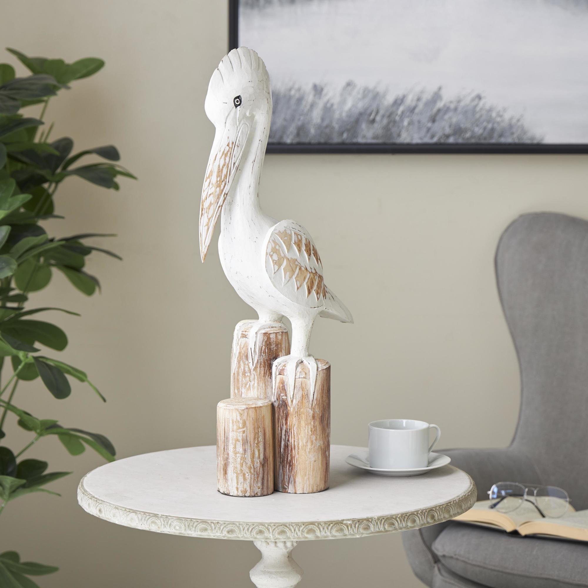 Pelican White Wood Handmade Distressed Decorative Sculpture with 3 Brown Posts