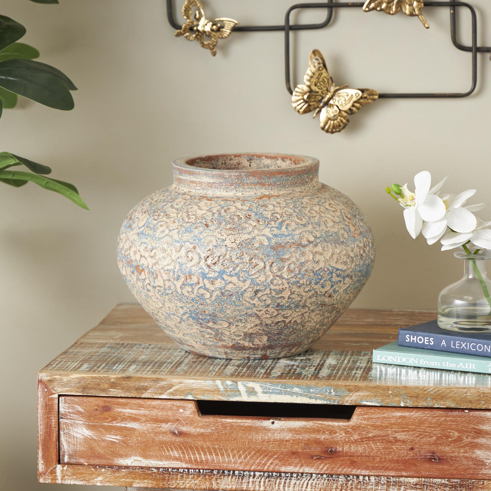Scroll Beige Ceramic Handmade Antique Style Wide Rounded Decorative Vase with Blue and Copper Accents