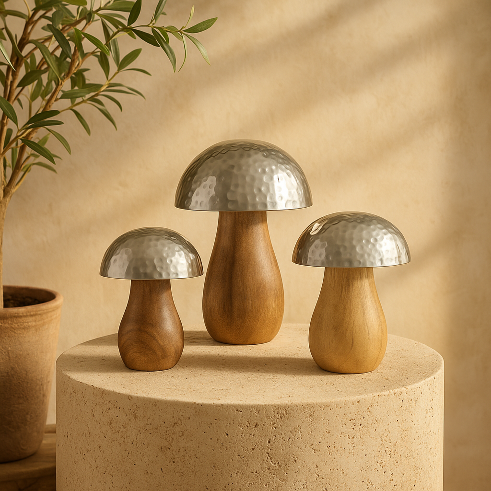 Set of 3 Mushroom Stainless Steel Metal Handmade Hammered Decorative Sculpture with Brown Wood Bases
