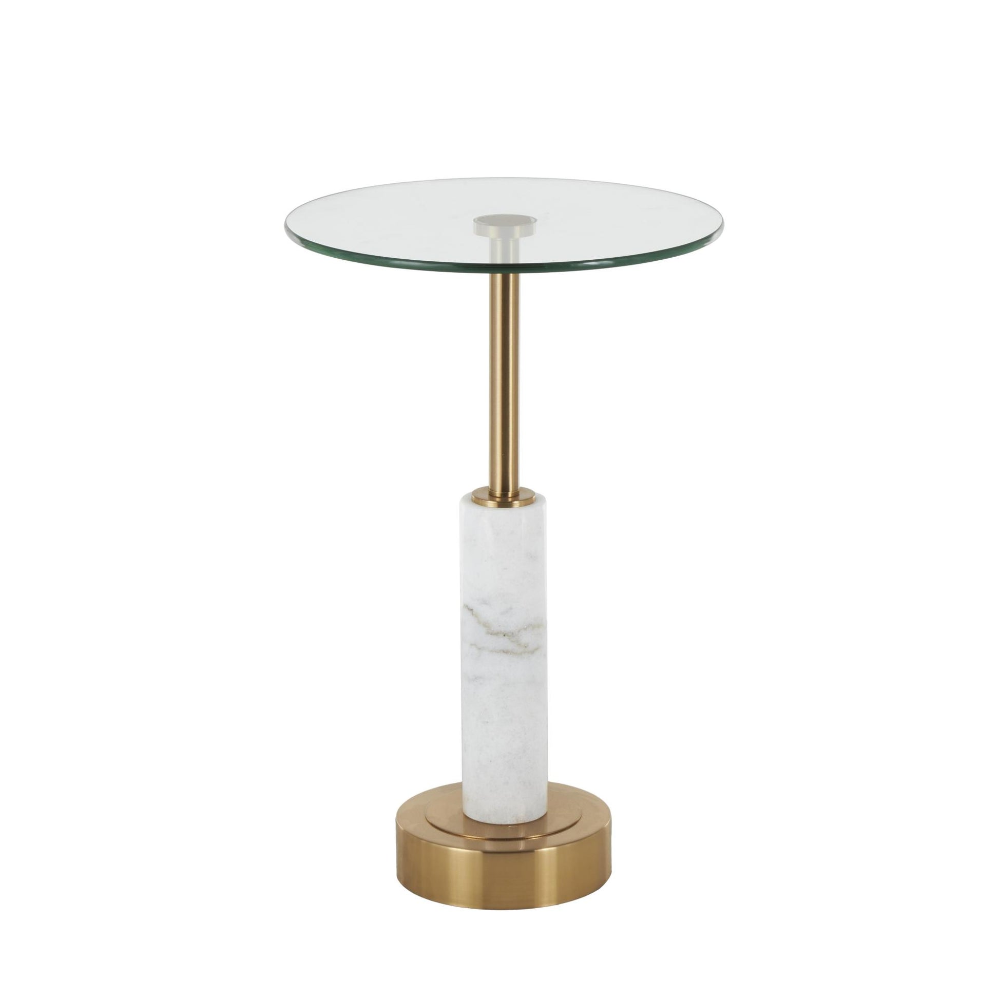 Marble Round Side End Accent Table with Silver Metal Rod and Base