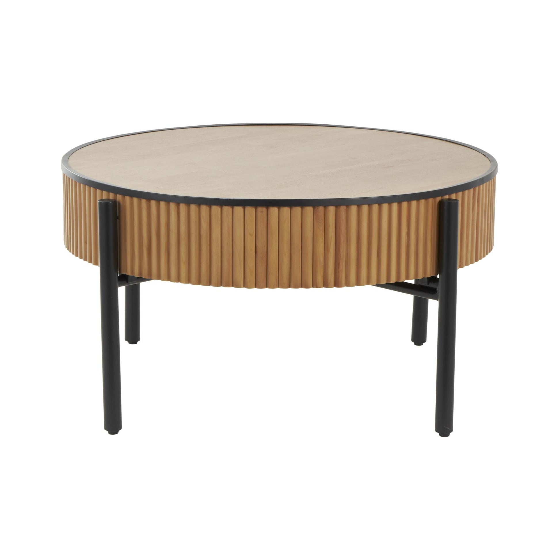 Brown Wooden Handmade Slatted Coffee Table with Black Legs