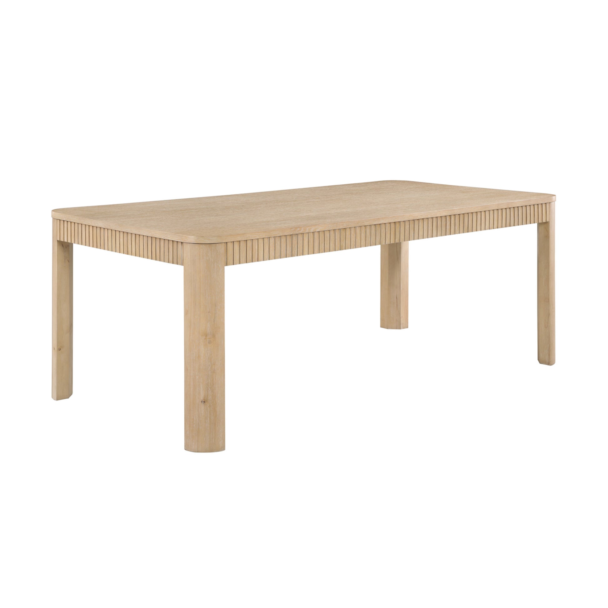 Light Brown Wood Slatted Kitchen Dining Table with Natural Wood Grains and Trapezoid Carved Legs