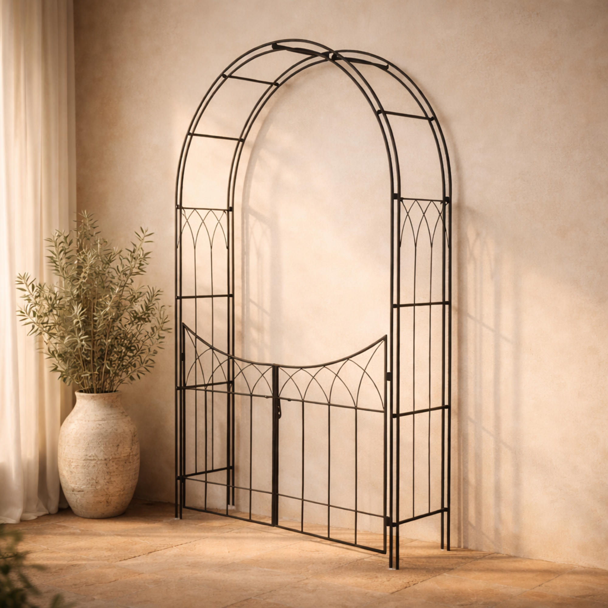 Black Metal Indoor Outdoor Arched Gate Indoor Outdoor Garden Arbor with Lattice Work Sides