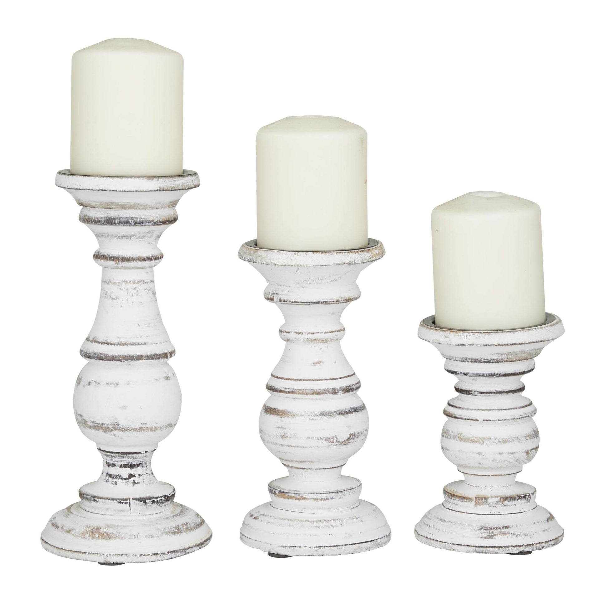 Set of 3 Mango Wood Distressed Turned Pillar Decorative Candle Holder