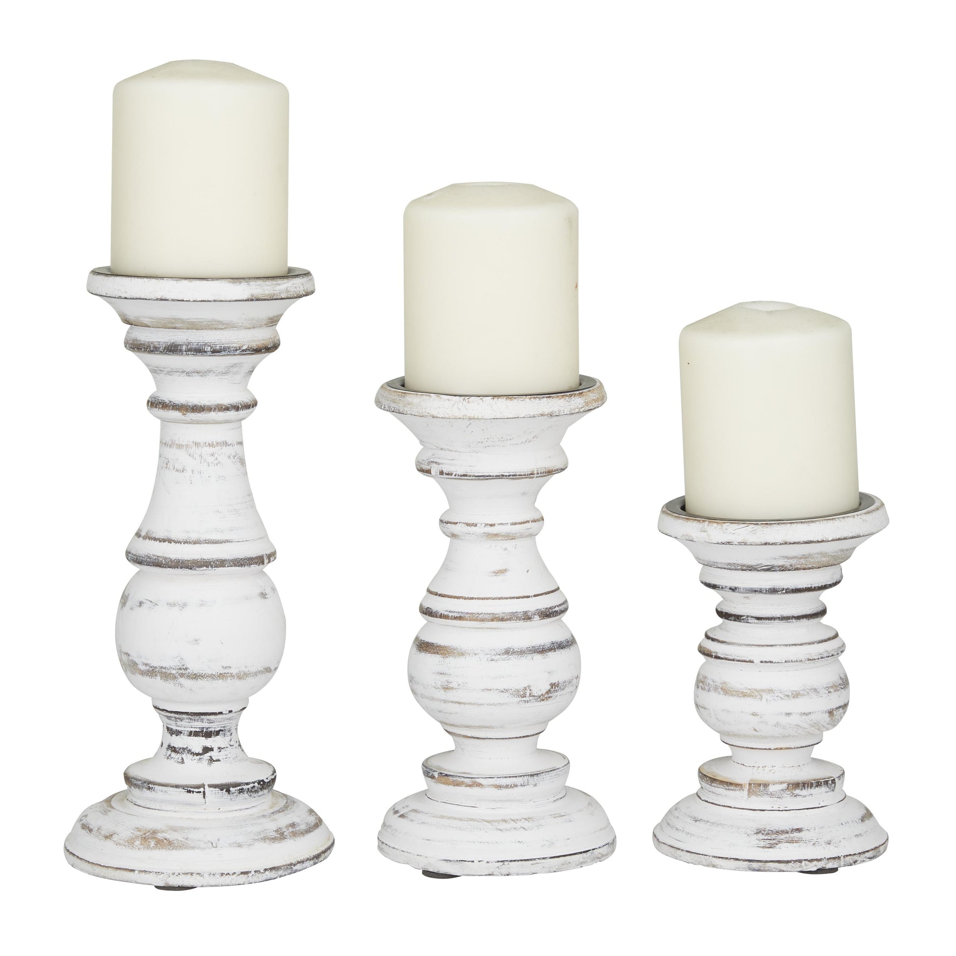 Set of 3 Mango Wood Distressed Turned Pillar Decorative Candle Holder