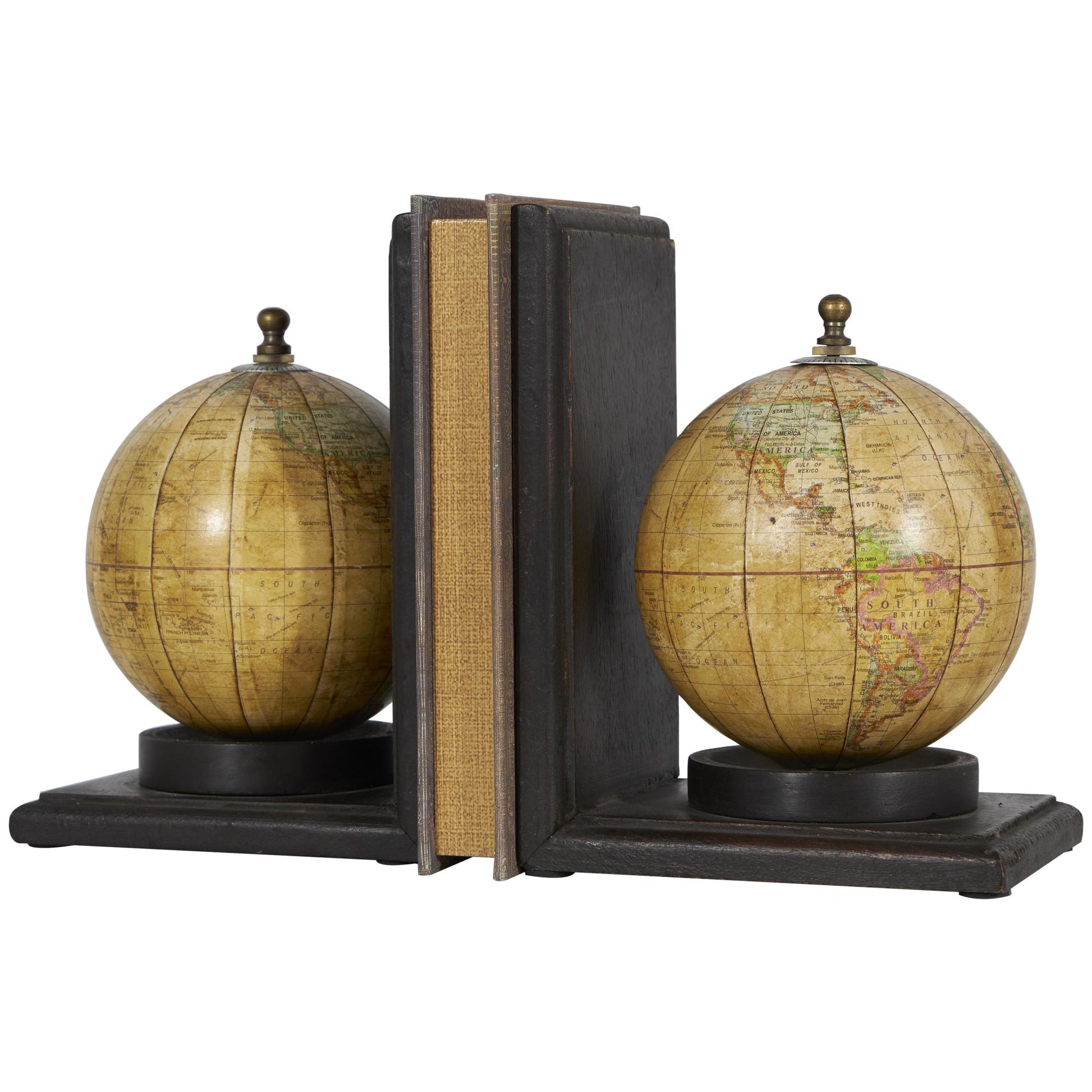 Set of 2 World Map Brown Wood Globe Decorative Bookends