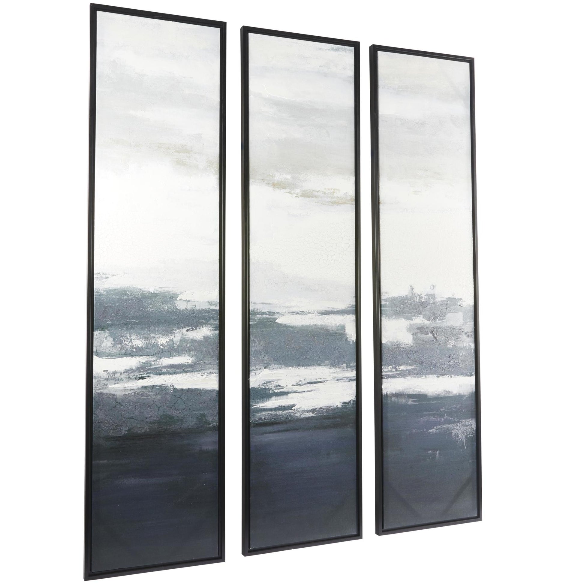 Set of 3 Landscape Dark Blue Canvas Abstract Textured Panel Living Room Framed Wall Art with Black Frames