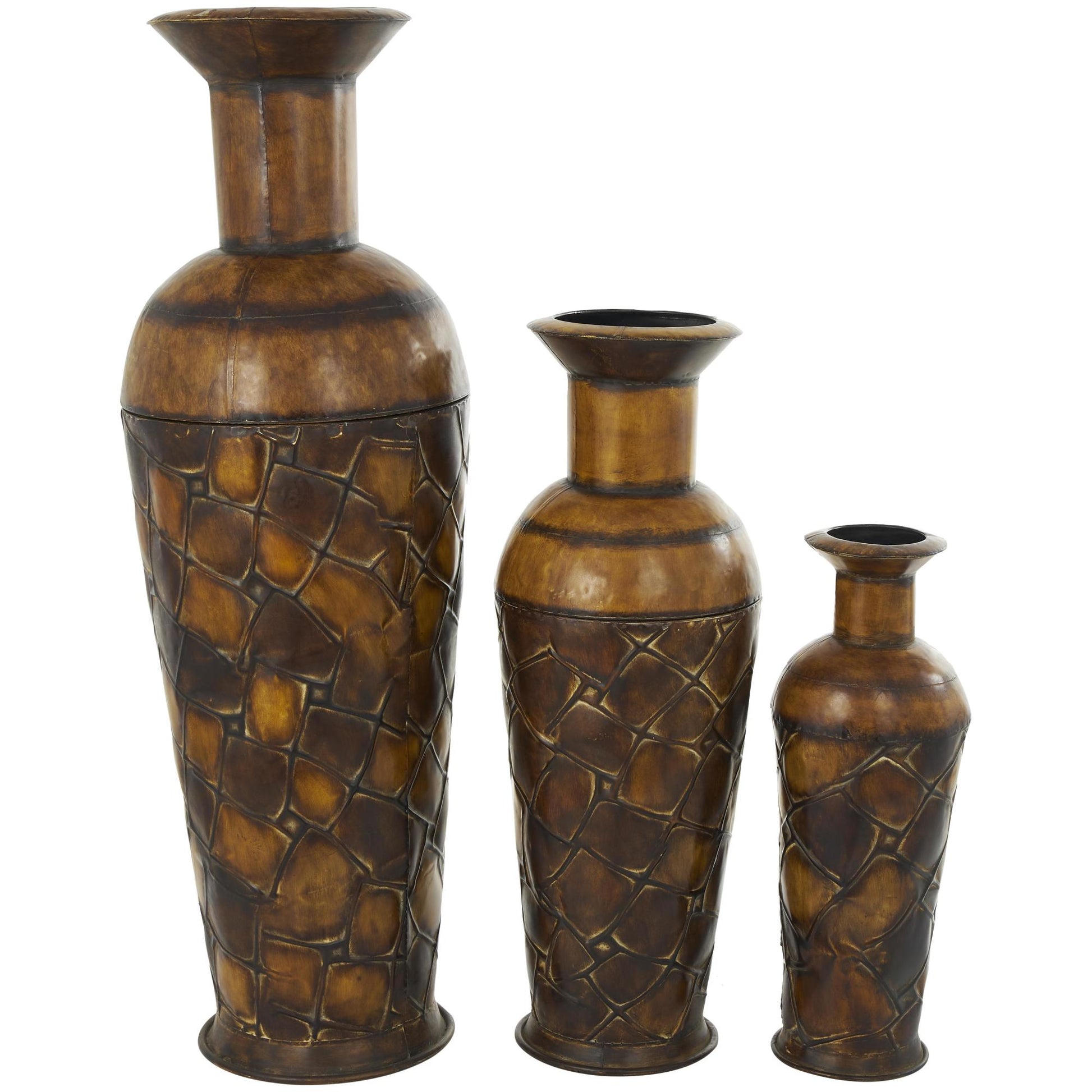 Set of 3 Brown Metal Indoor Outdoor Tall Floor Bottleneck Decorative Vase with Tortoise Shell Pattern