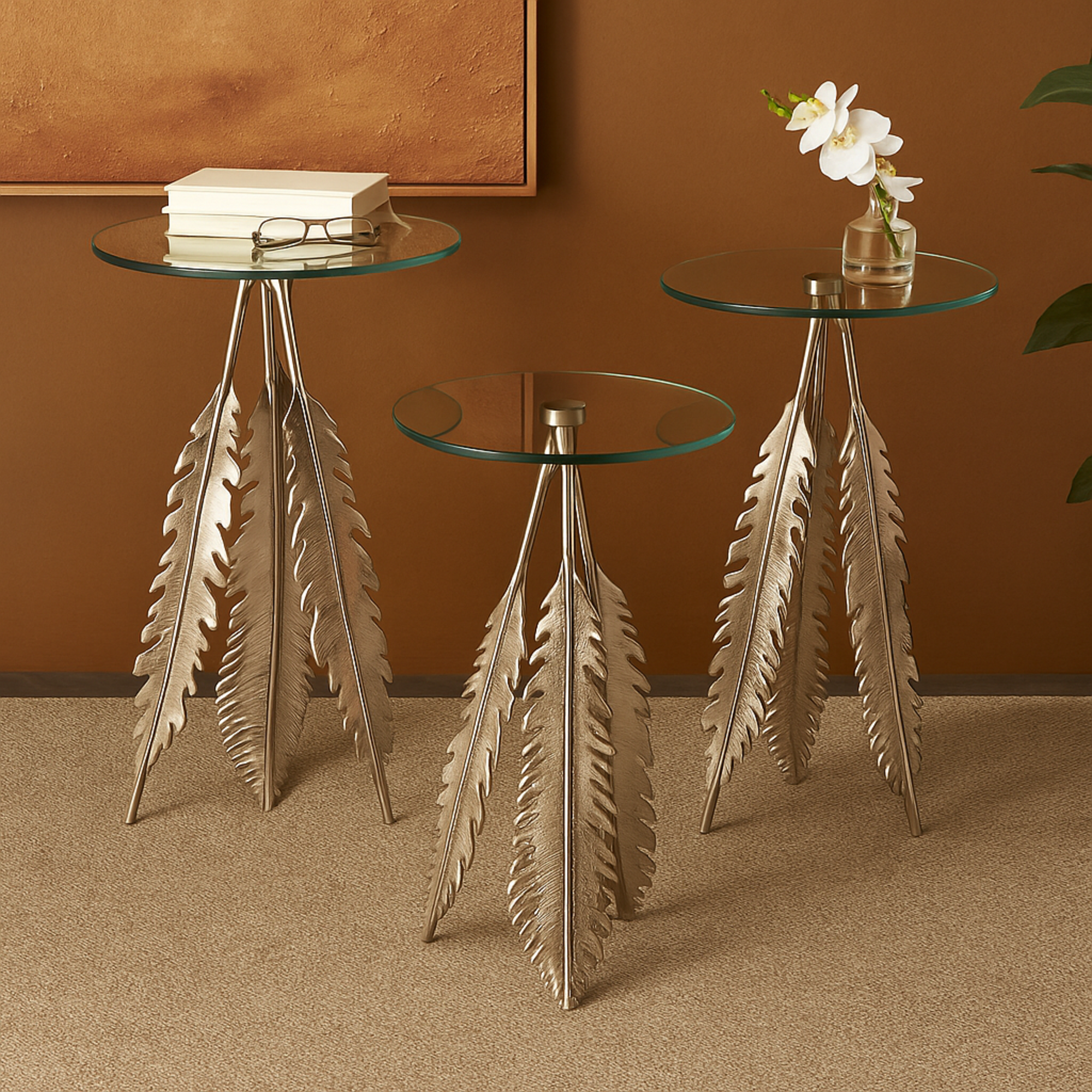 Set of 3 Leaf Aluminum Metal Side End Accent Table with Tripod Legs and Tempered Glass Top