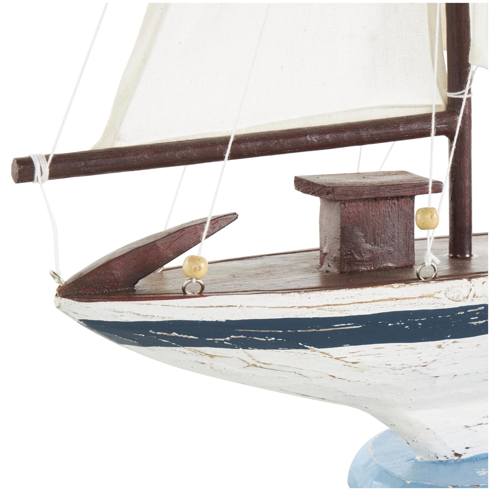Sail Boat White Wood Distressed Decorative Sculpture with Brown Wood and Beaded Accents