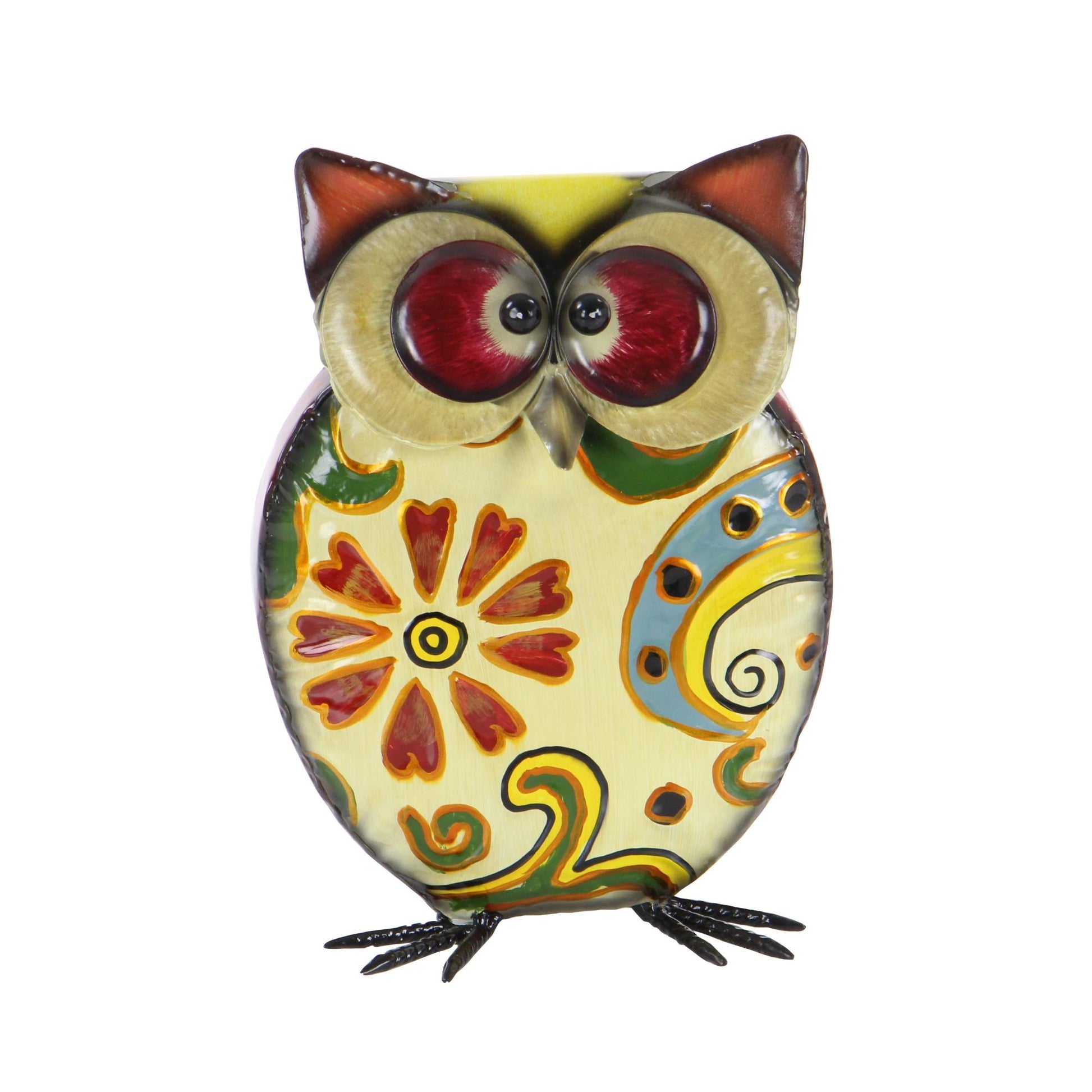 Owl Yellow Metal Indoor Outdoor Decorative Garden Sculpture with Floral Pattern