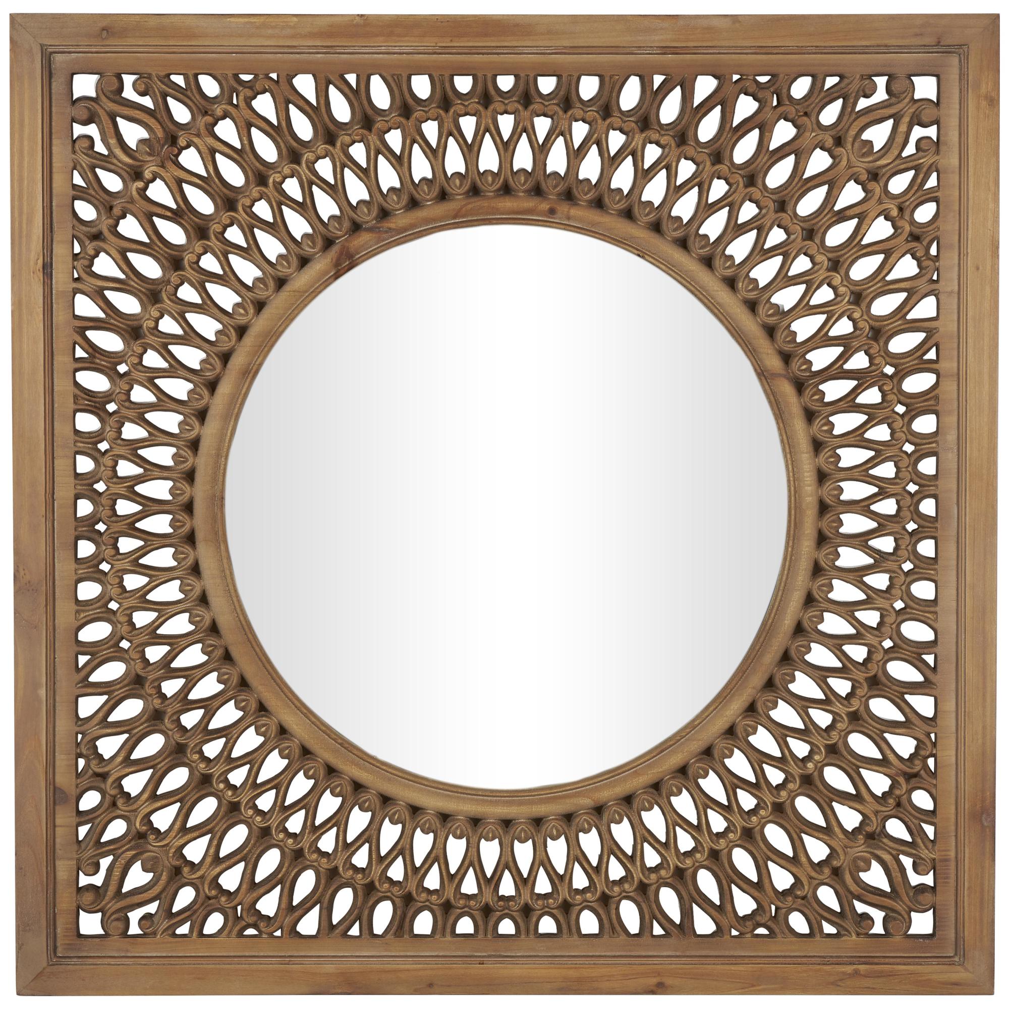 Scroll Brown Wood Room Wall Mirror with Carved Cutouts