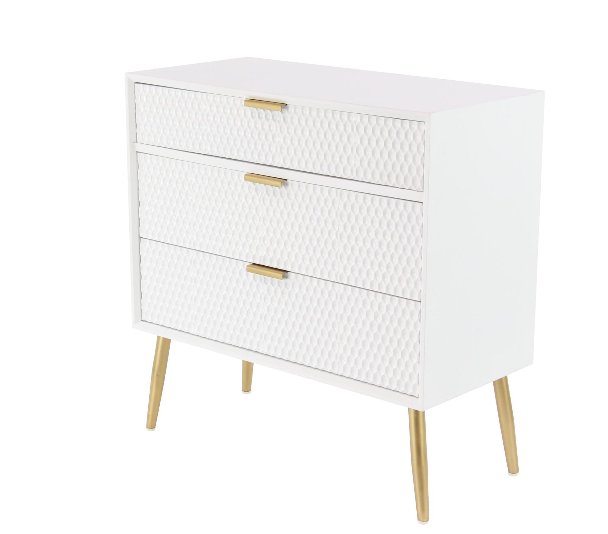 Geometric White Wooden 3 Drawer Room Chest with Gold Legs