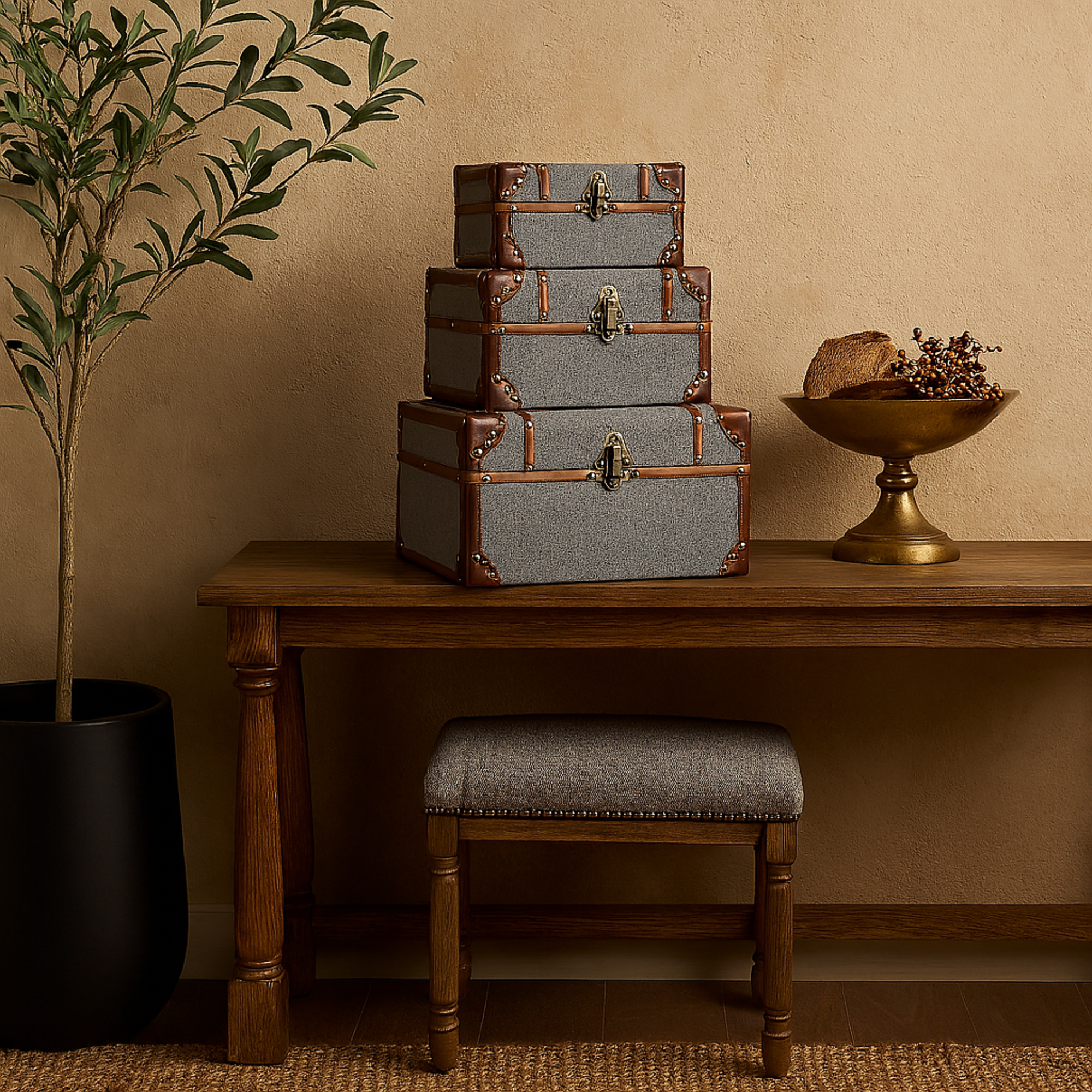 Set of 3 Gray Wooden Upholstered Decorative Box with Hinged Lid