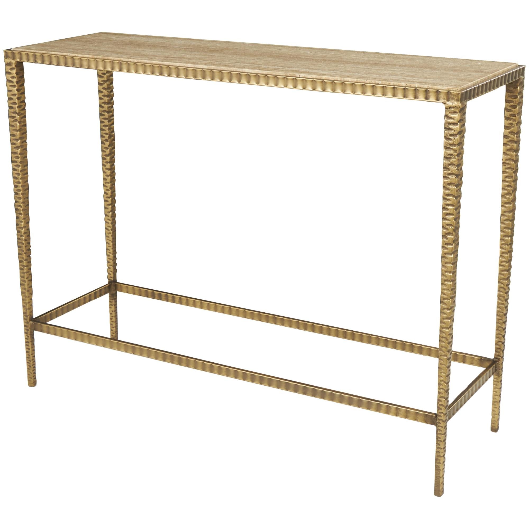 Beige Marble Slim Rectangular Living Room Console Table with Hammered Gold Metal Legs