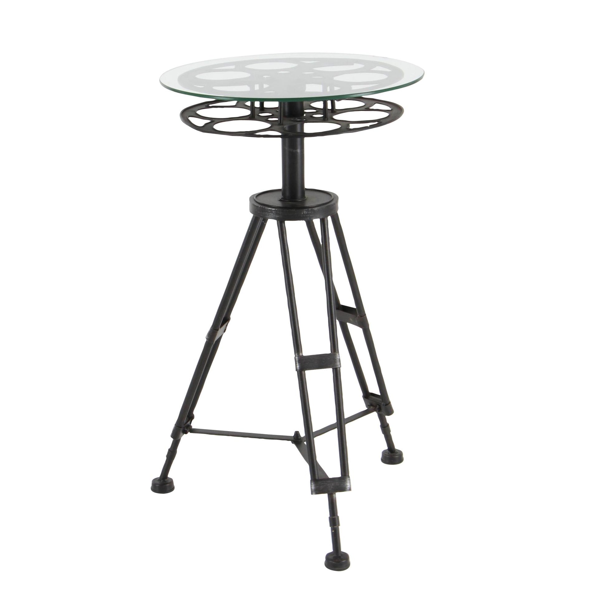 Film Black Metal Reel Side End Accent Table with Tripod Legs and Glass Top