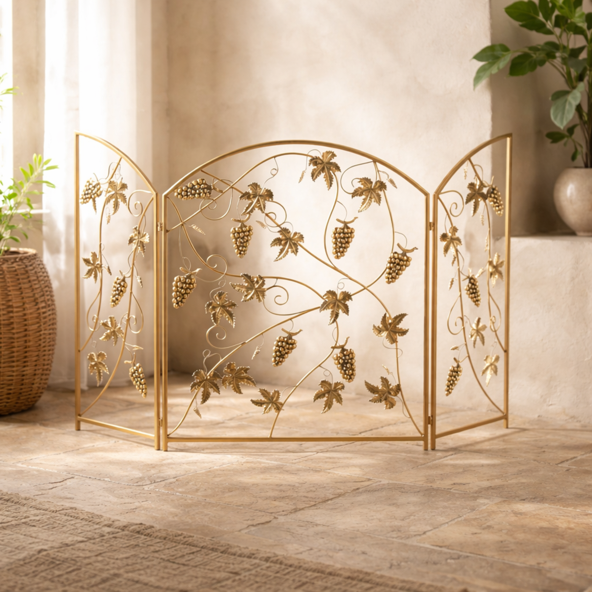 Fruit Gold Metal Foldable 3 Panel Living Room Fireplace Screen with Leaf Accents