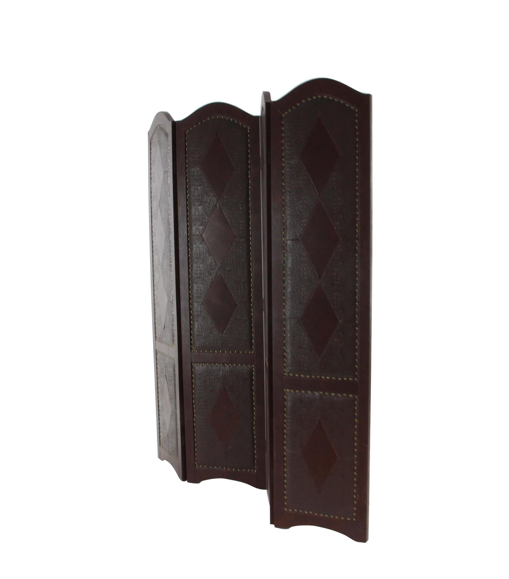 Scroll Brown Faux Leather Foldable Partition 4 Panel Partition Room Divider Screen with Faux Leather Detailing