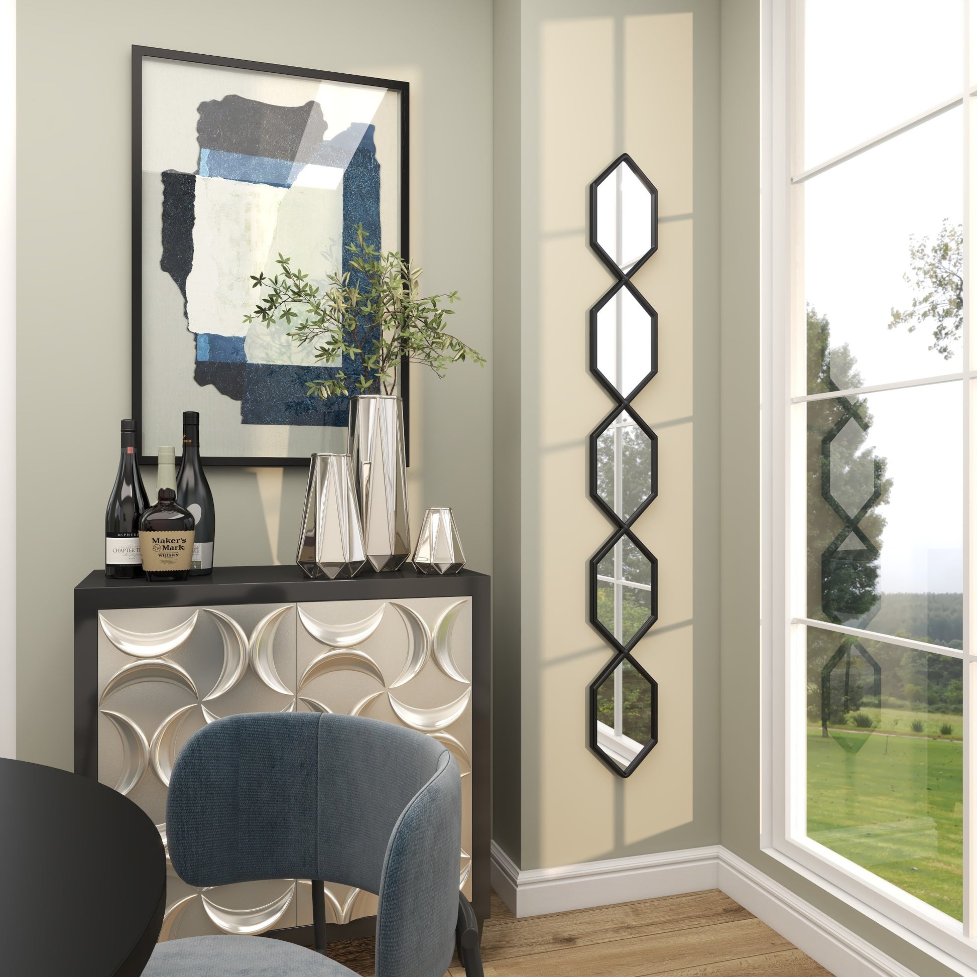 Geometric Metal Slim Stacked Chain 5 Layer Room Wall Mirror with Trellis Pattern 7" x 1" x 59"
