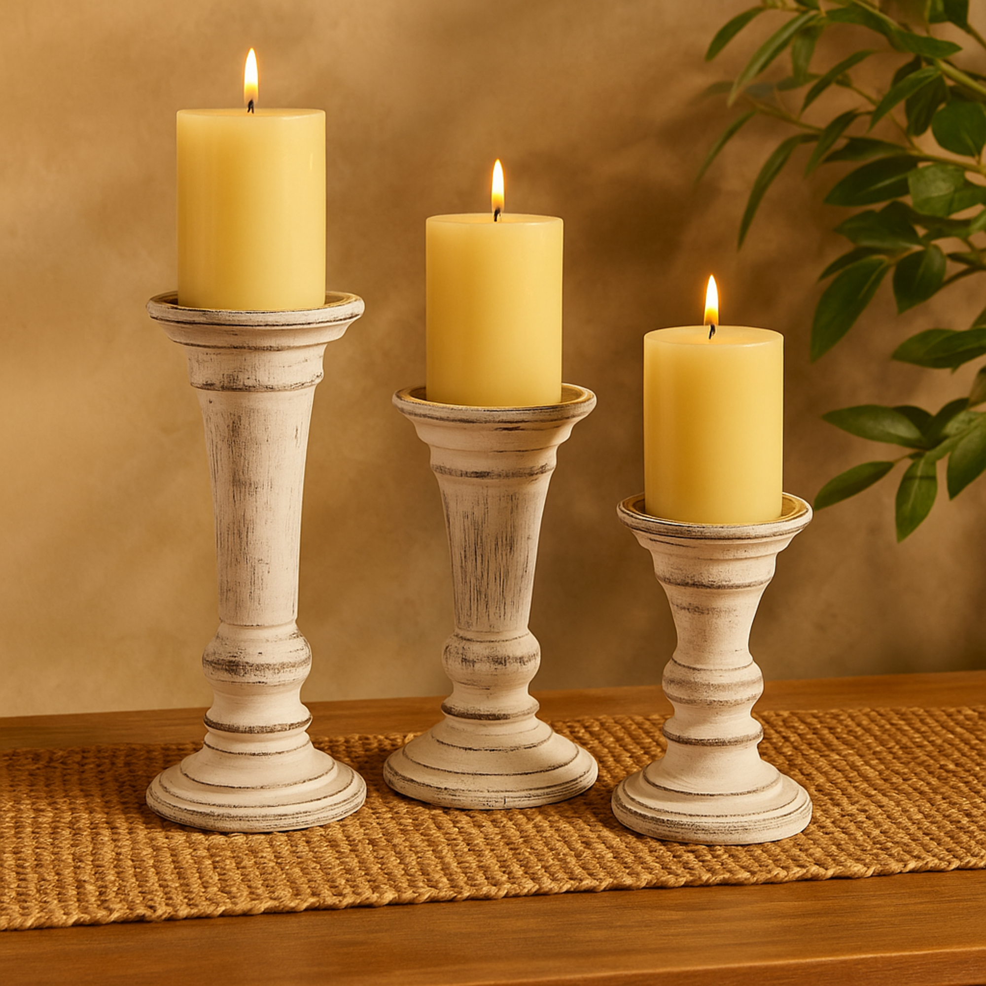 Set of 3 White Wood Decorative Candle Holder