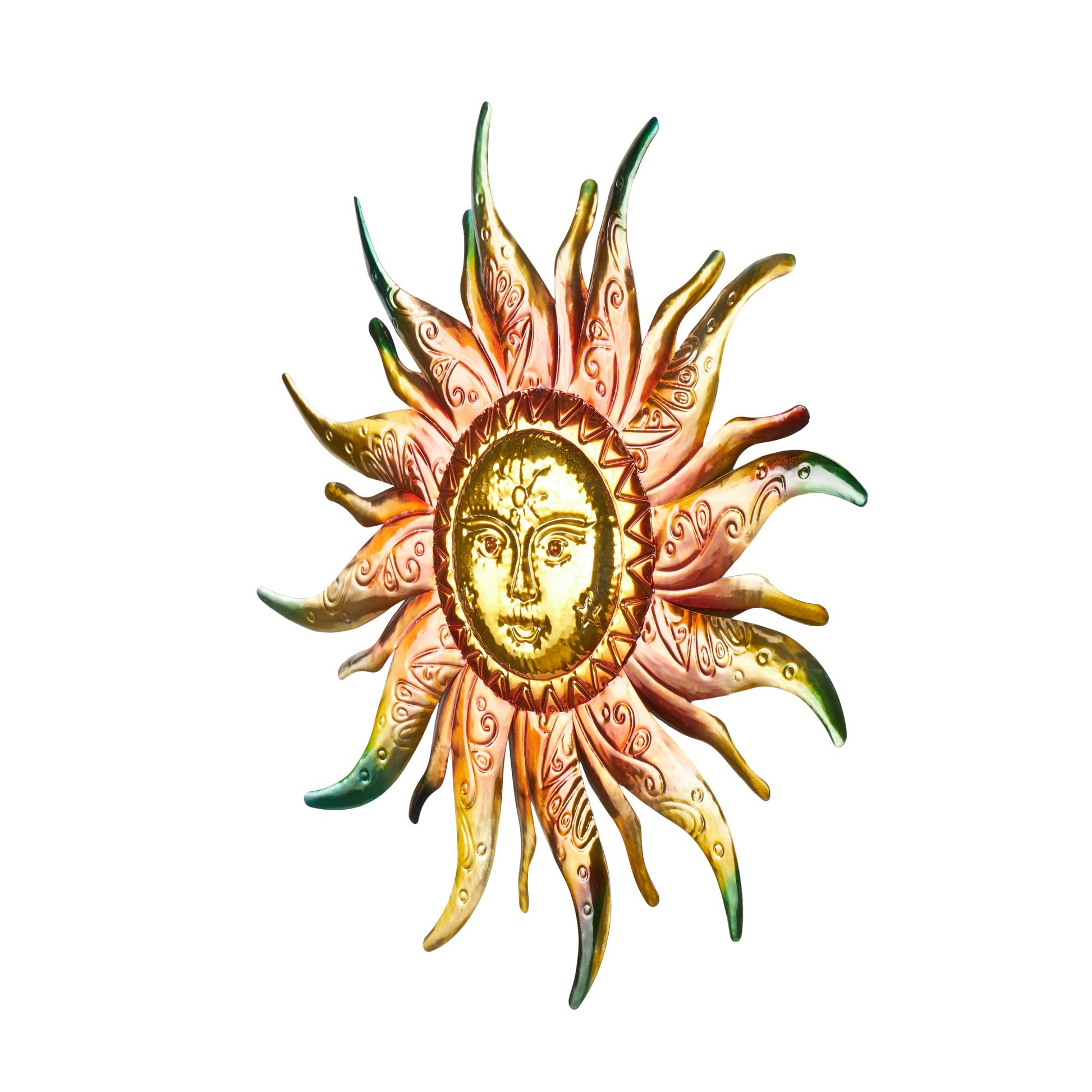 Sun Gold Stainless Steel Metal Face Home Wall Decor with Red, Green, and Orange Accents