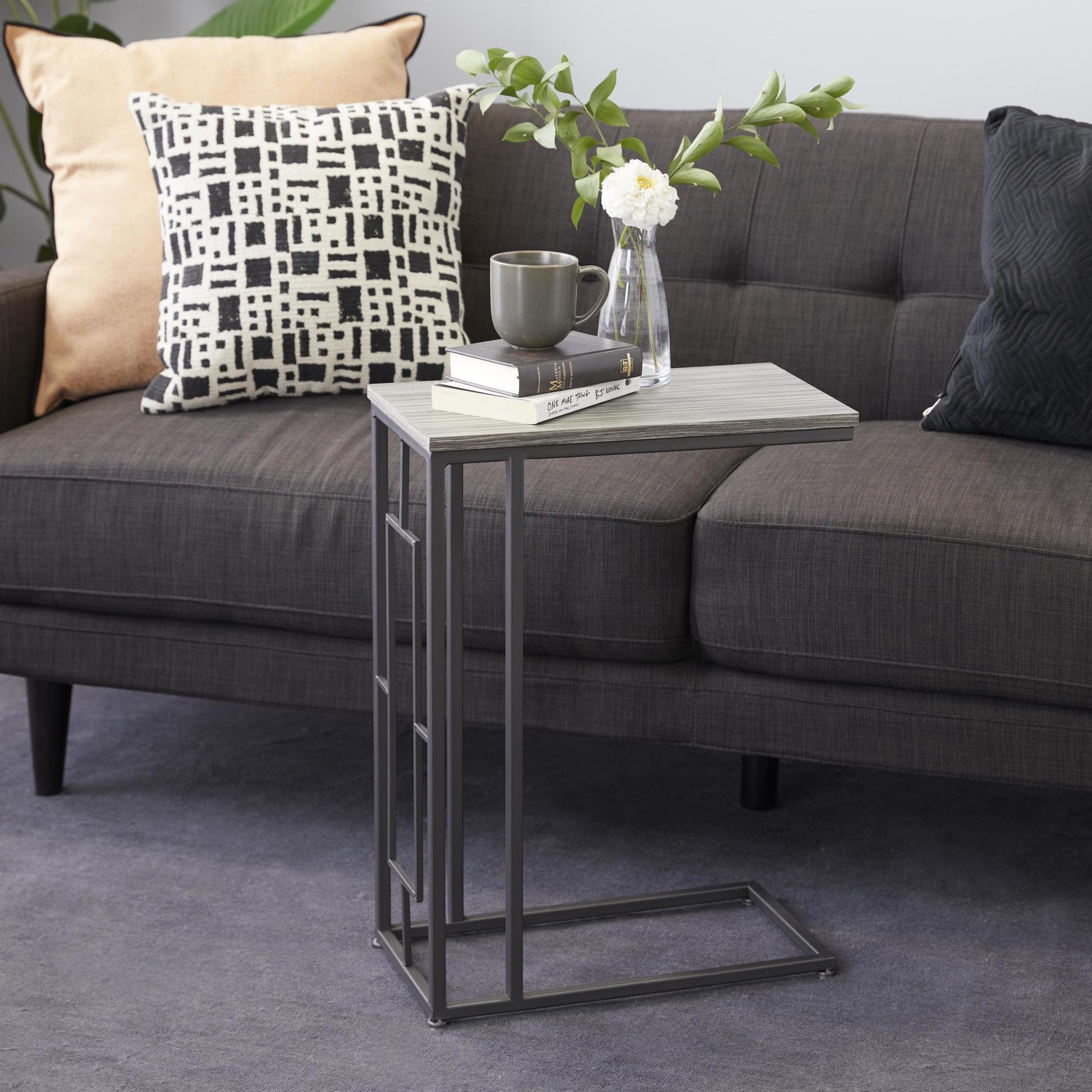 Metal C-Shaped Side End Accent Table with Black Metal Base