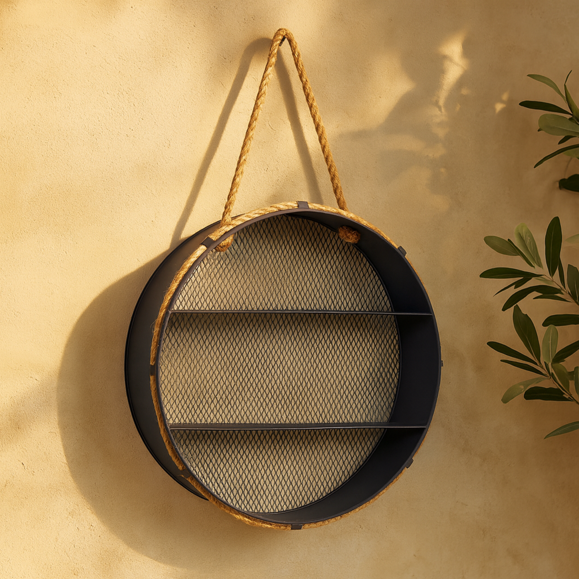 Black Metal Round 2 Shelves Room Wall Shelf with Hanging Rope