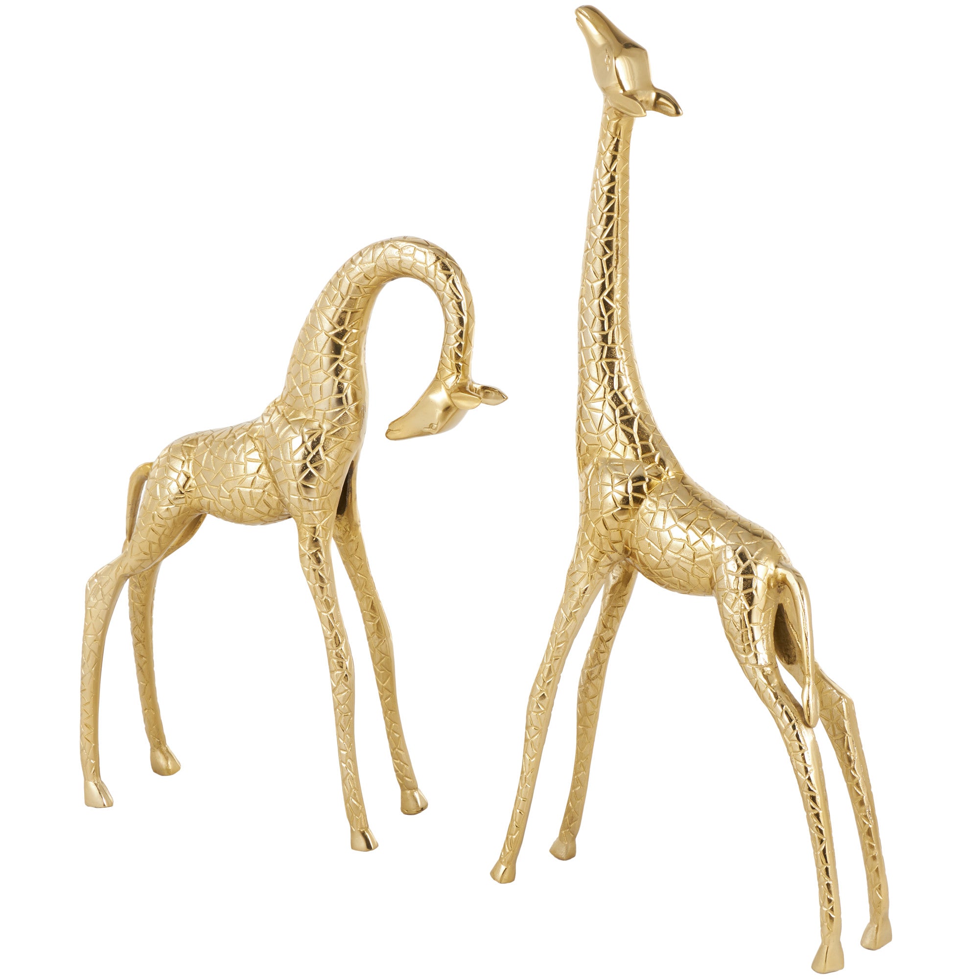 Set of 2 Giraffe Gold Aluminum Metal Standing Decorative Sculpture with Carved Spots