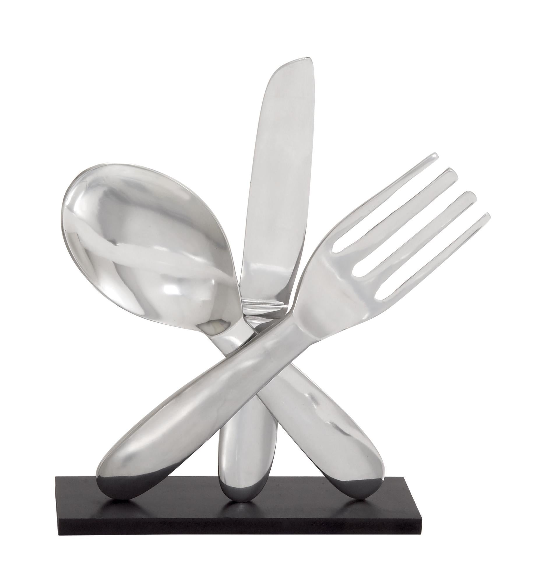Utensils Silver Aluminum Metal Decorative Sculpture with Black Base