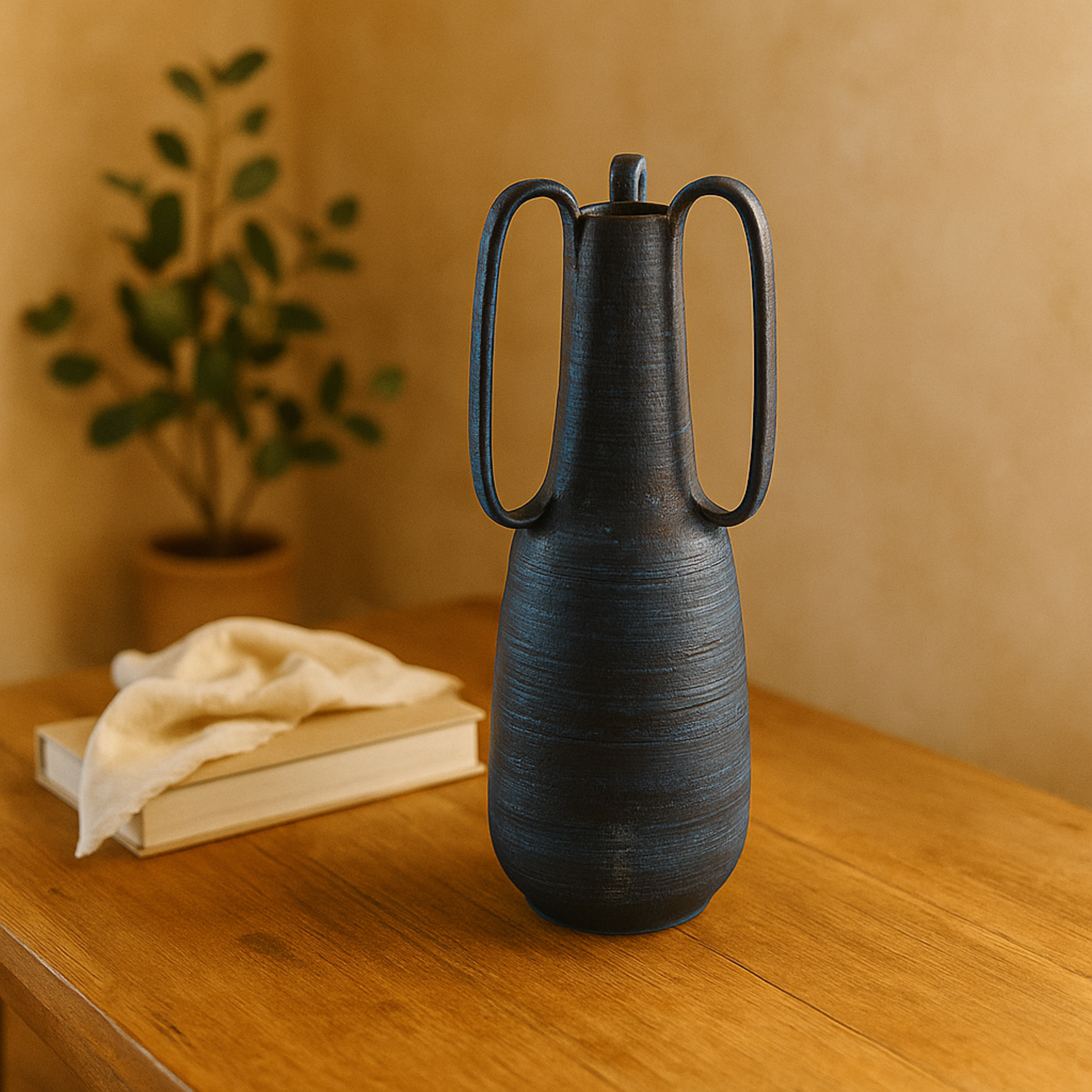 Blue Ceramic Decorative Vase with Handles