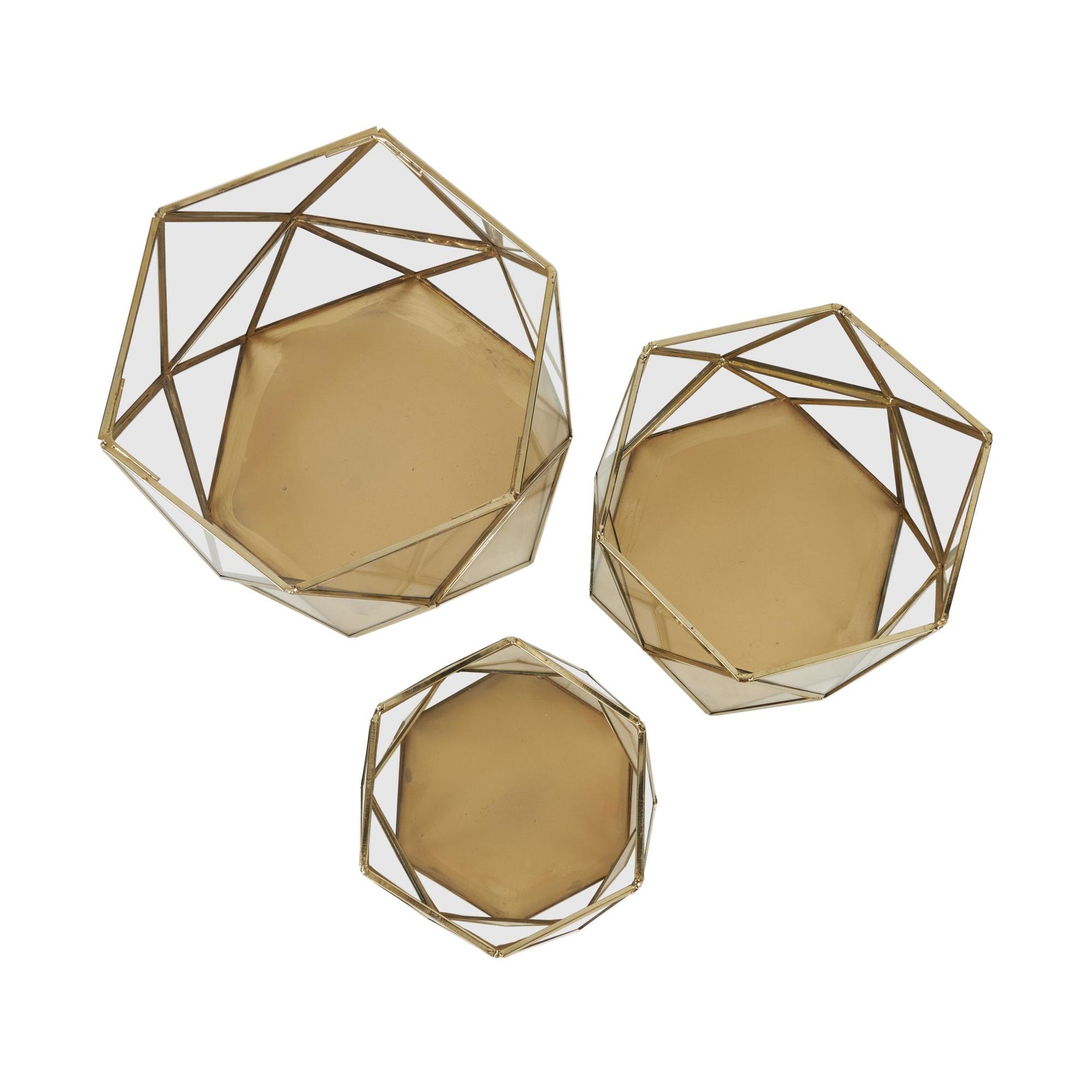 CosmoLiving by Cosmopolitan Set of 3 Geometric Gold Metal Diamond Patterned Hexagon Indoor Outdoor Candle Lantern