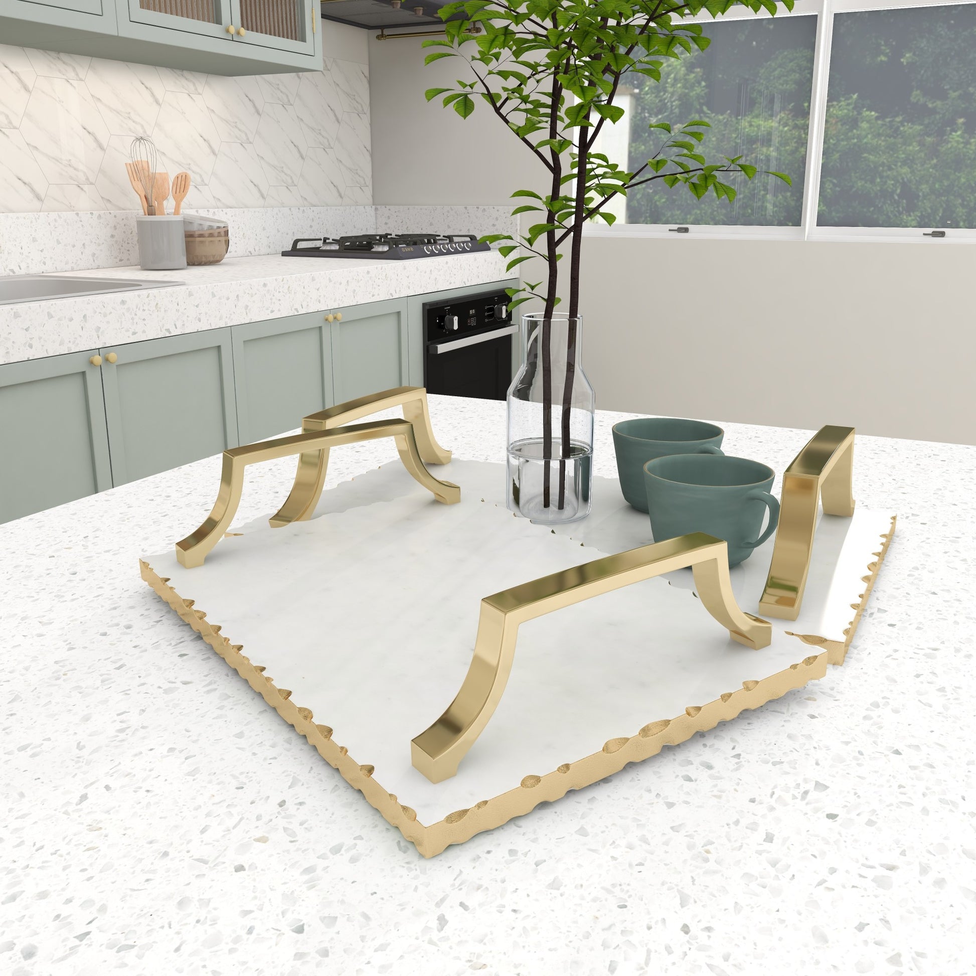 Set of 2 Marble Scalloped Living Room Decor Tray with Gold Metal Handles