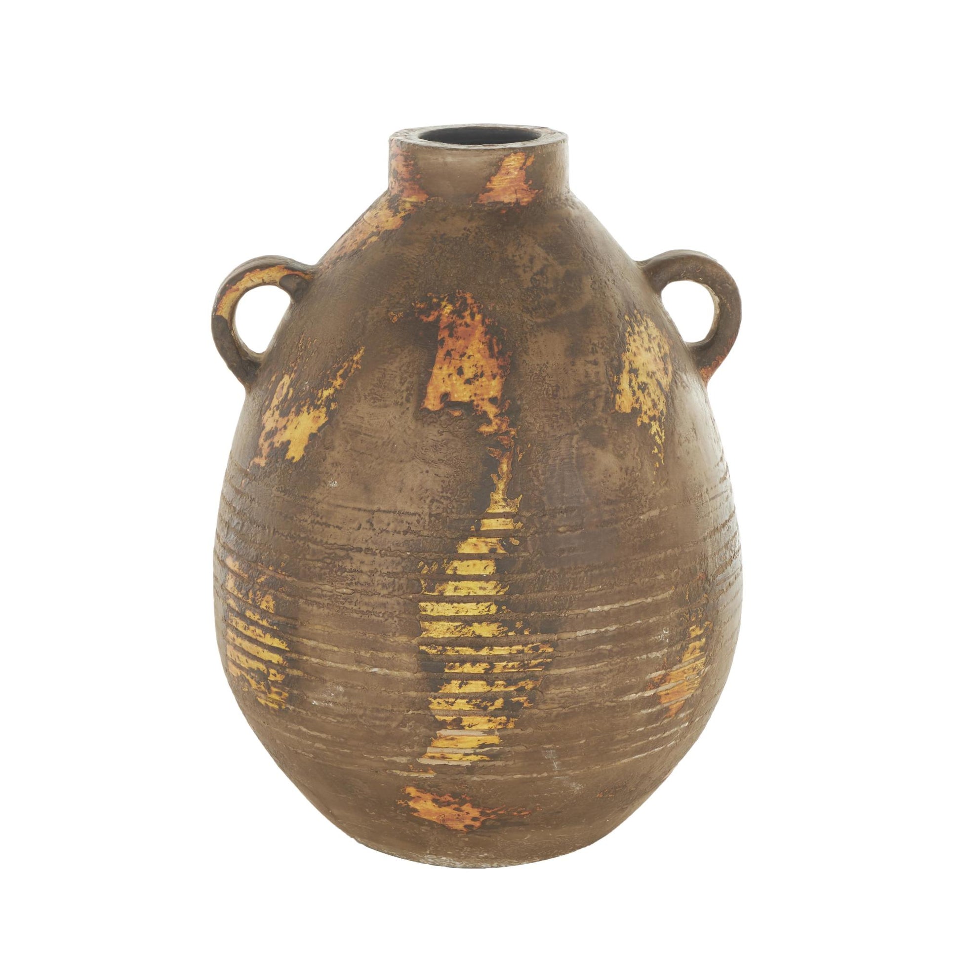 Brown Ceramic Antique Style Distressed Decorative Vase with Grooves and Handles