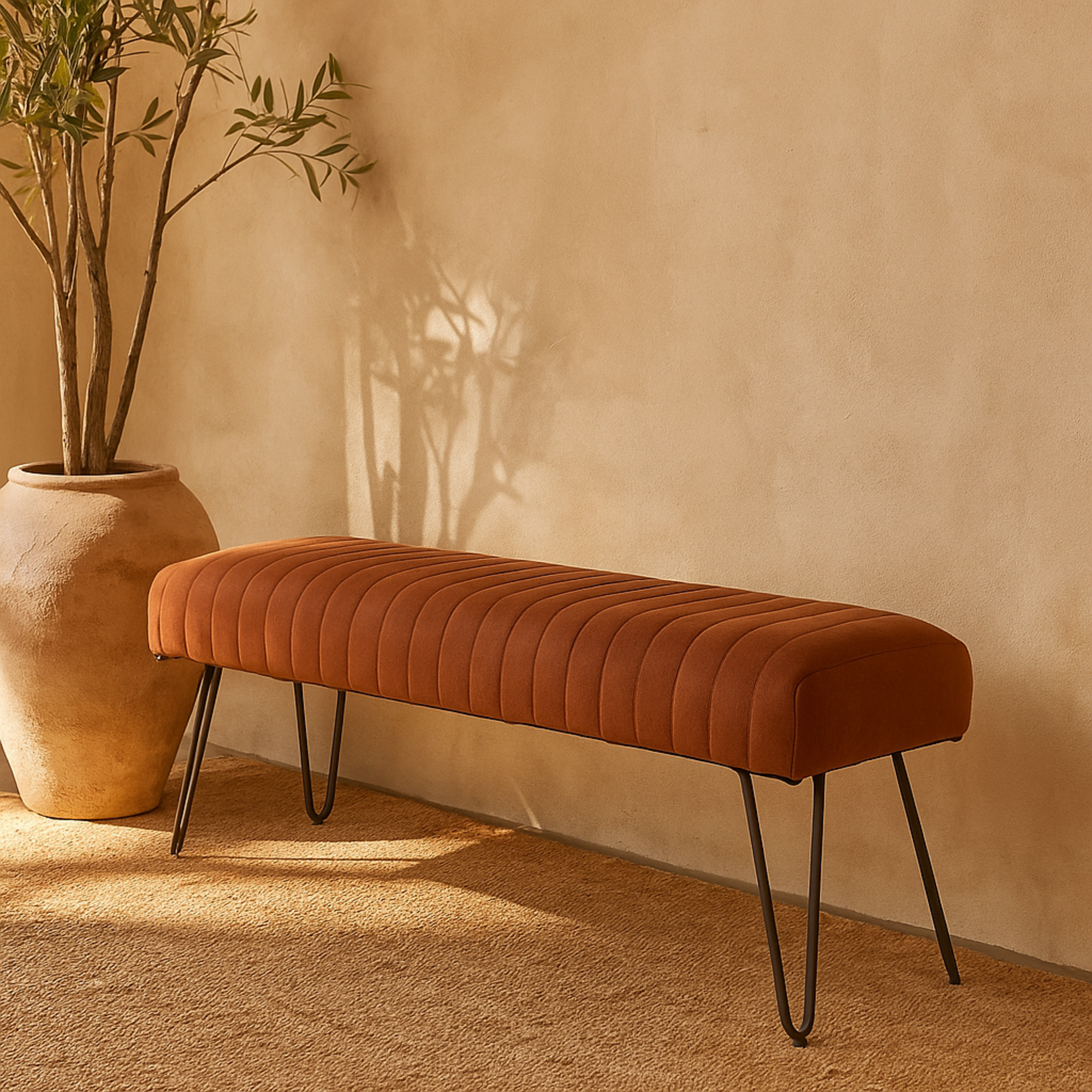 Brown Leather Upholstered Home Bench with Linear Tufted Panels and Black Metal Hairpin Legs