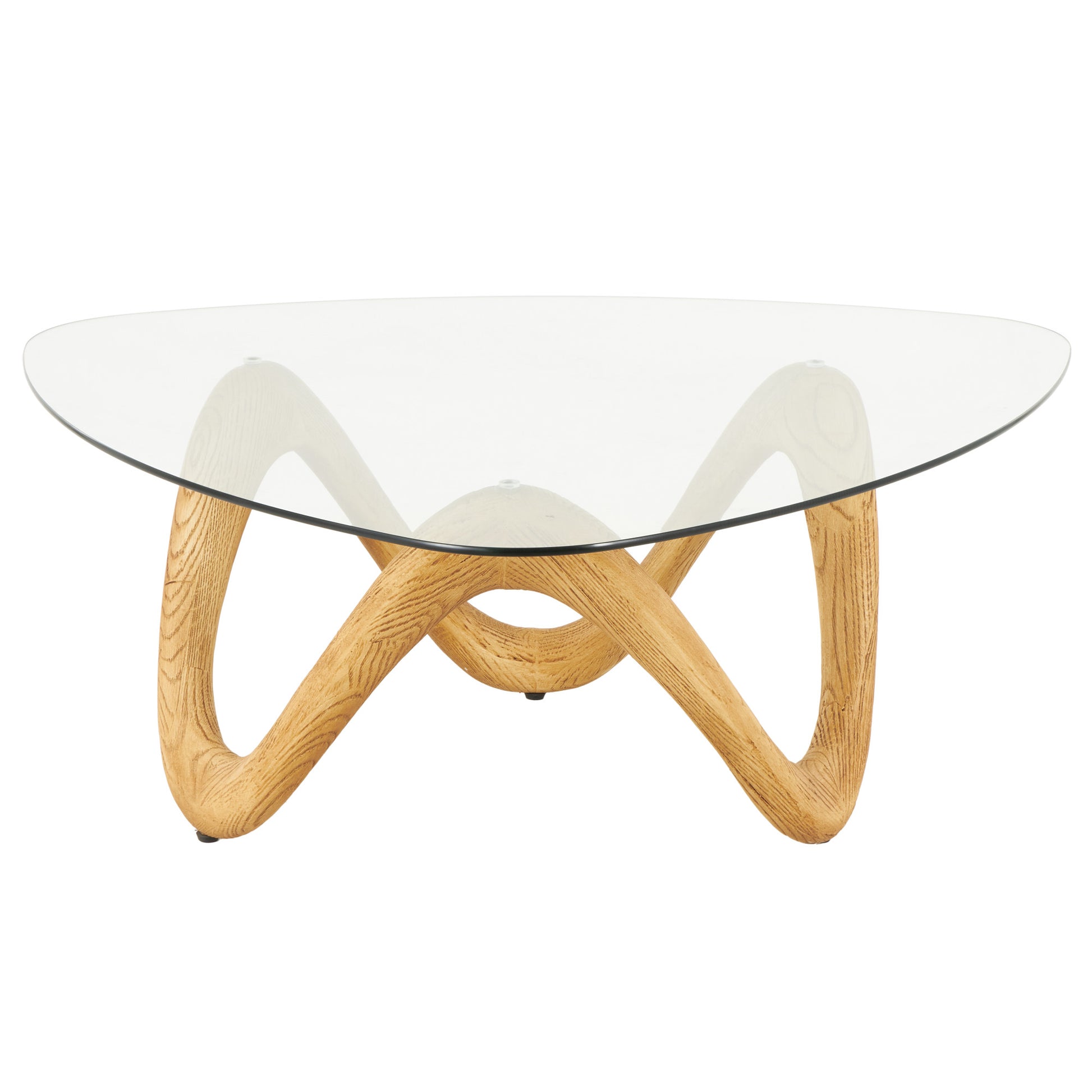 Abstract Polystone Wood Inspired Wavy Side End Accent Table with Glass Tabletop