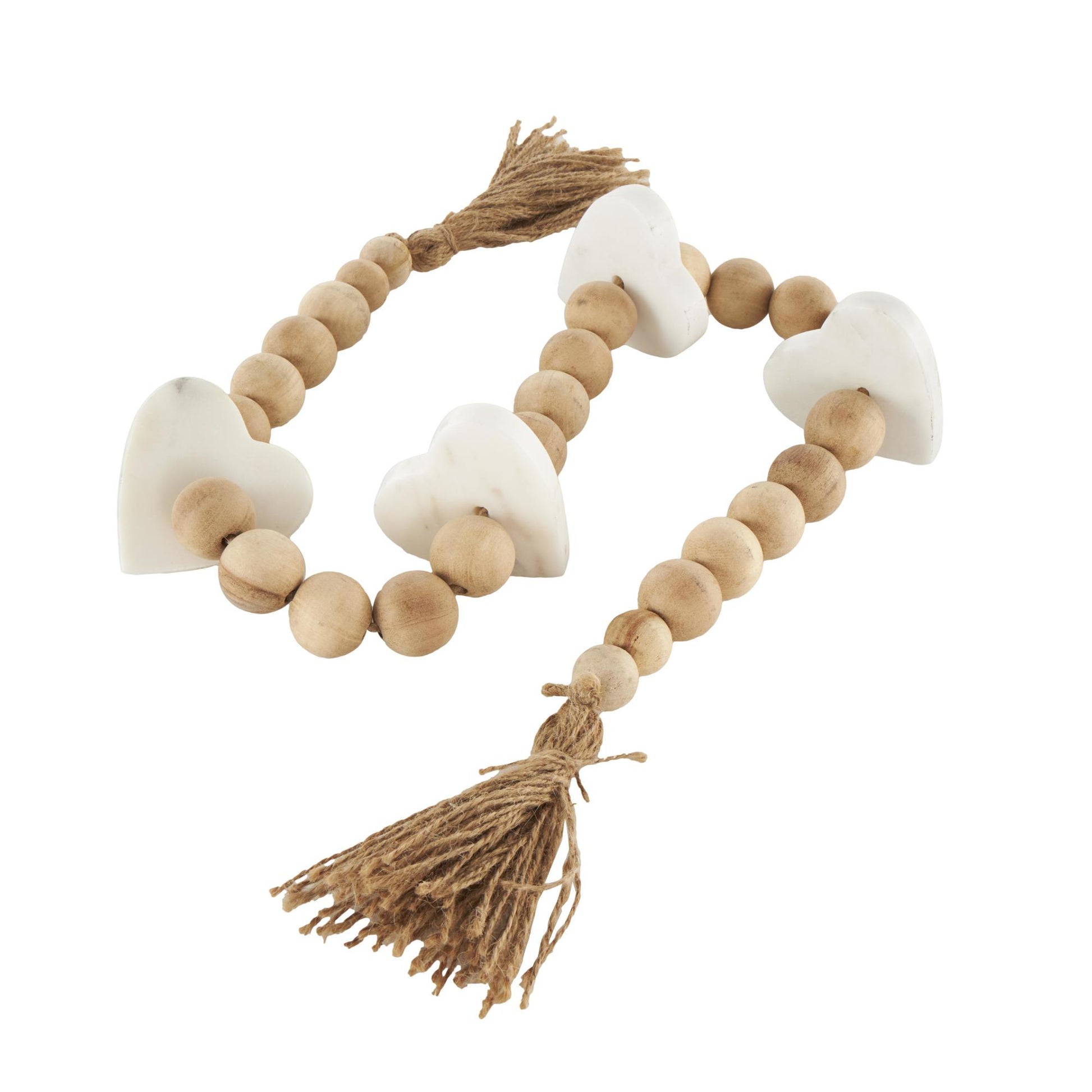 Heart Light Brown Marble Handmade Beaded Garland with Tassel with Knotted Brown Jute and White Accents